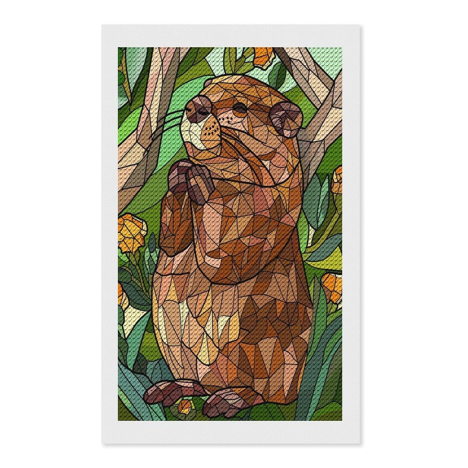 Junmoney Stained Glass Groundhog in Nature Diamond Painting Kit 12"x20", Easy Handmade Project, Cosy Home Accent, for Craft Lovers, Holiday Gift Idea