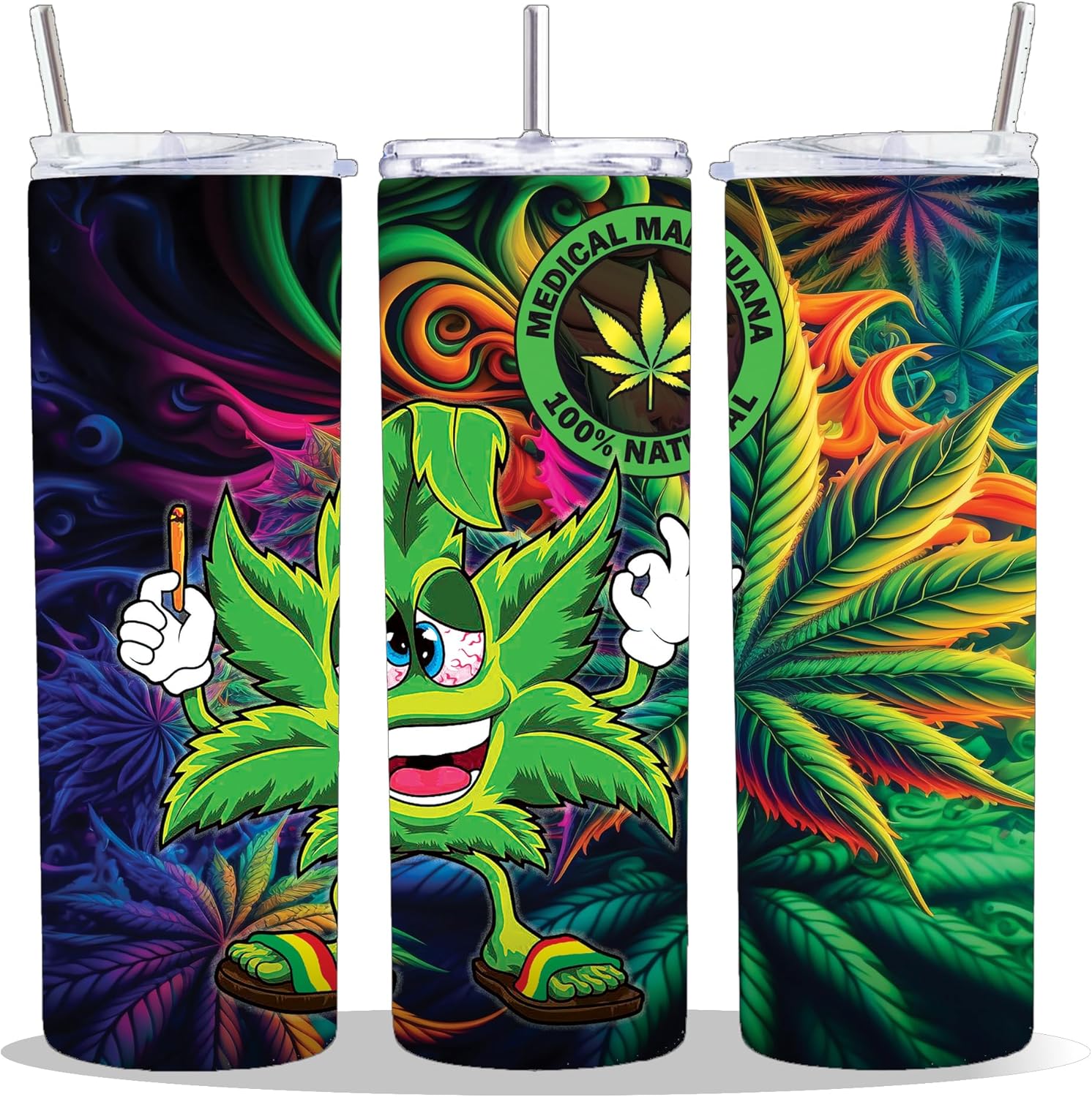 20 oz Insulated Double Wall Stainless Steel Tumbler with Spill Proof Lid and Reusable Straw, Water Bottle Coffee Cups Travel Mug, Happy Leaf Smoke High Marijuana 420 Weed Cup Mug Tumbler (HappyLeaf2)