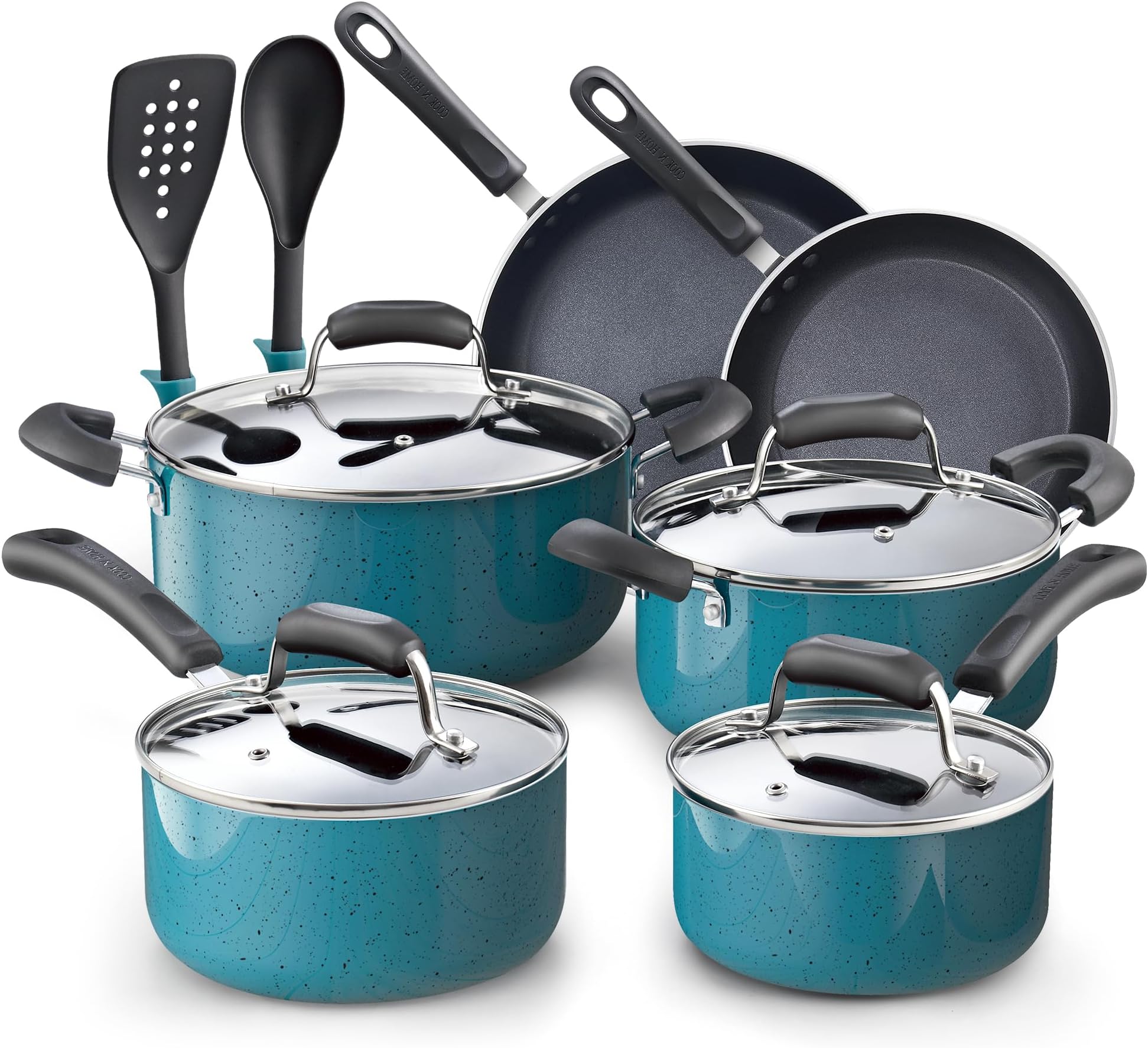 Cook N Home 02588 Marble Nonstick Cookware Set, Aluminum Tempered Glass, Turquoise