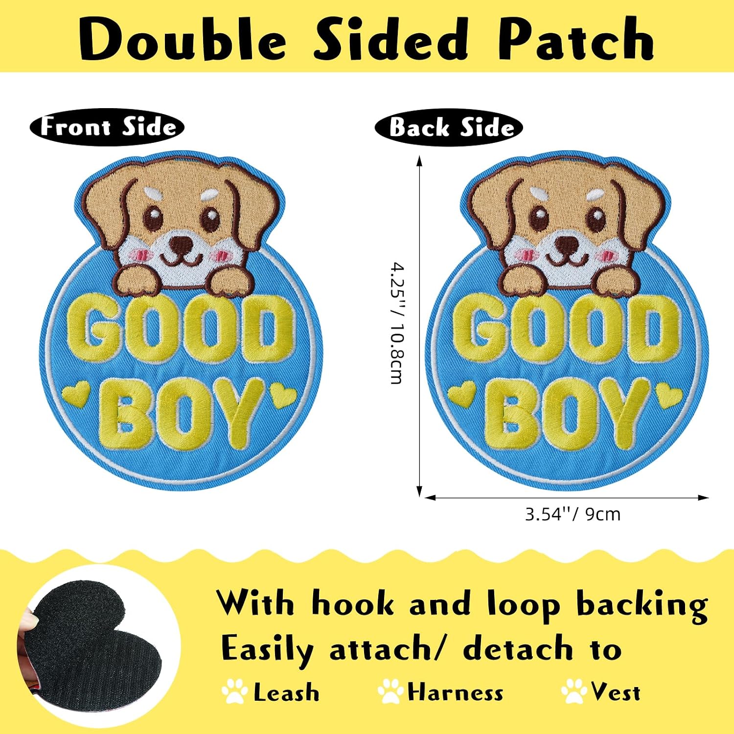 Large Dog Patches for Leash - Good Boy, Funny Double Sided Embroidered Harness Patch, Cute Removable Hook and Loop Pet Accessory (4.25''×3.54'', Blue) image 2