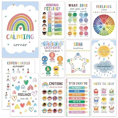 12PCS Calming Corner Classroom Posters (11x17"), Emotions Chart Feelings Wheel