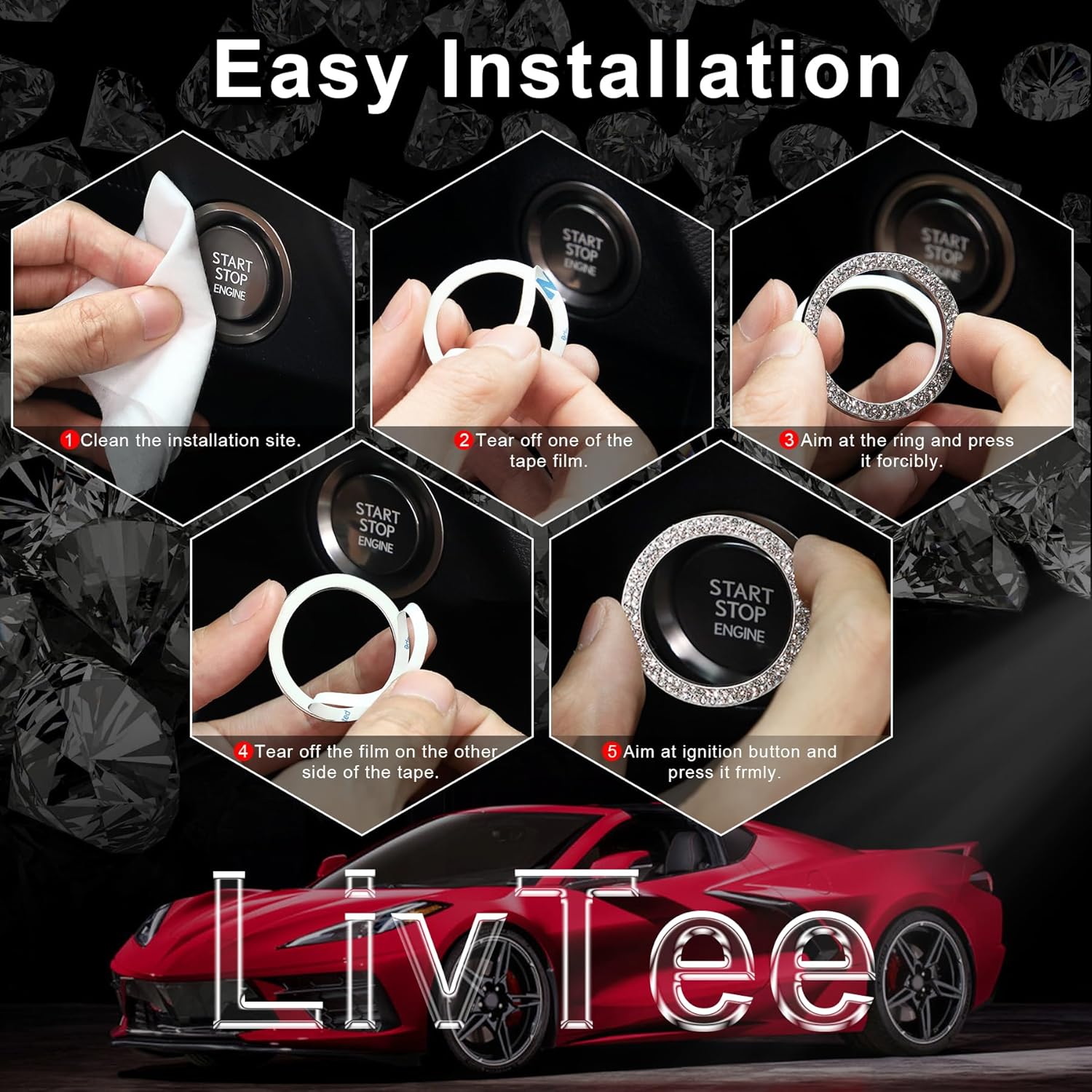 LivTee Engine Start Stop Decoration Ring, Crystal Double Rhinestone, Key Ignition & Knob Bling Ring, Push to Start Button Cover, White