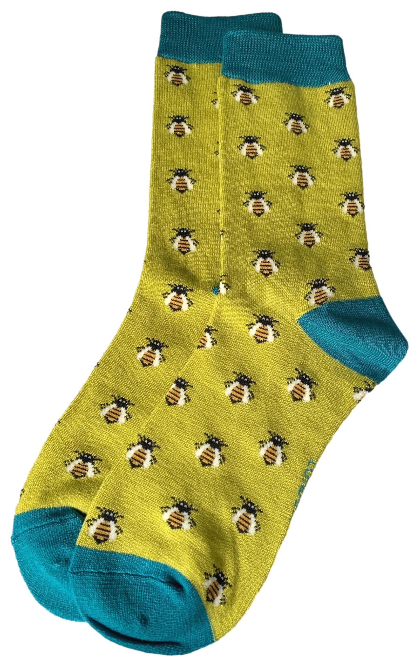Purple Possum® Bee Socks Bumble Bees in Lime Green Bamboo Cotton Blend Women's Socks Size 3-7