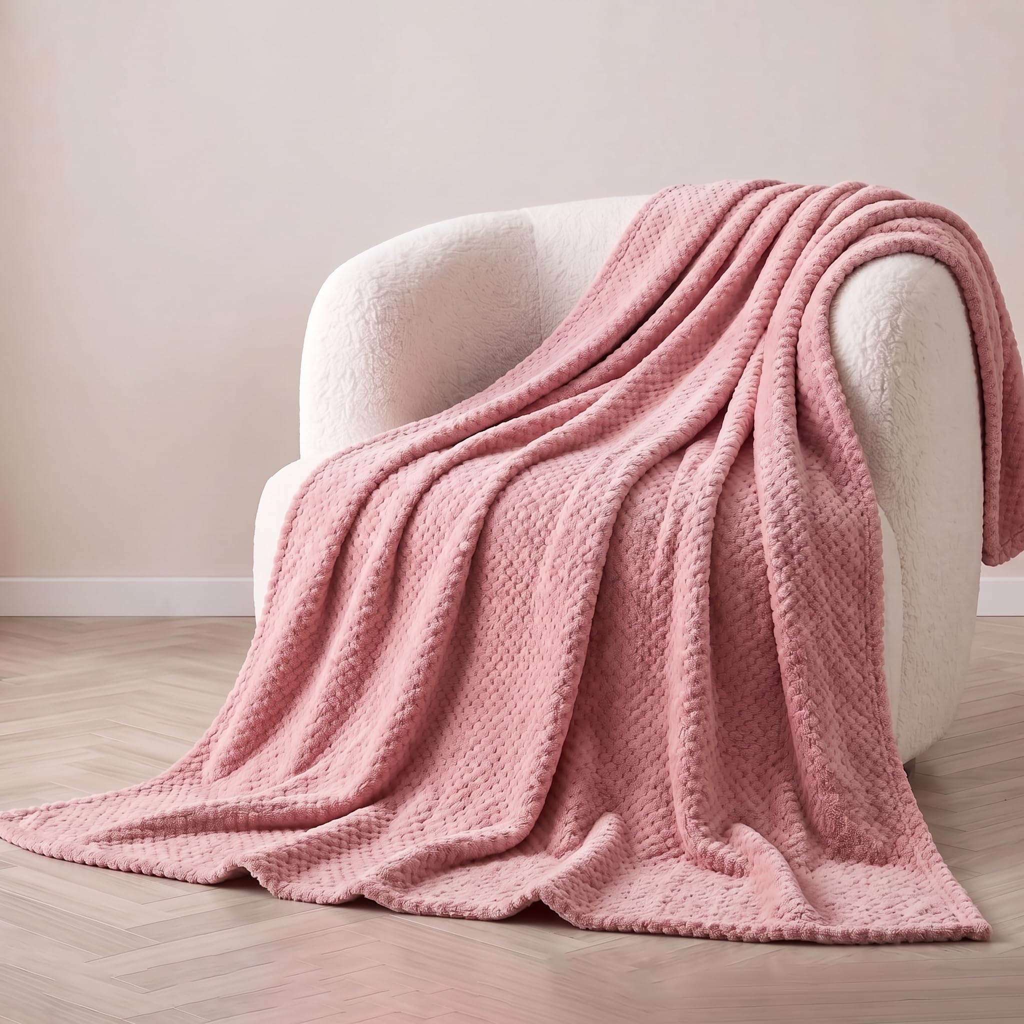 Bear & Panda Waffle Flannel Fleece Mink Throw - Sofa/Bedspread/travel Blankets – Honeycomb Super Soft, light-weighted, Warm, Cosy Large Size Single, Double, King - Blush Pink, Single (127 x 152 cm)