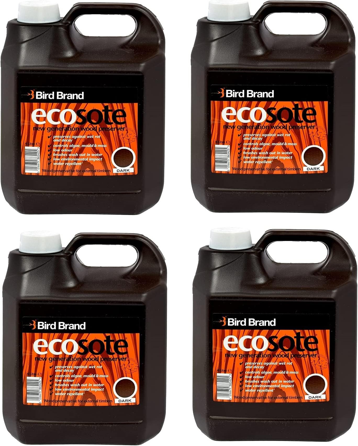 4X 4 Litre, Ecosote Wood Preserver Dark, New Generation Timber Treatment for Outdoor Use, Protects Against Rot, Decay, Mould & Moss, Low Odour, Water Repellent, Eco Friendly