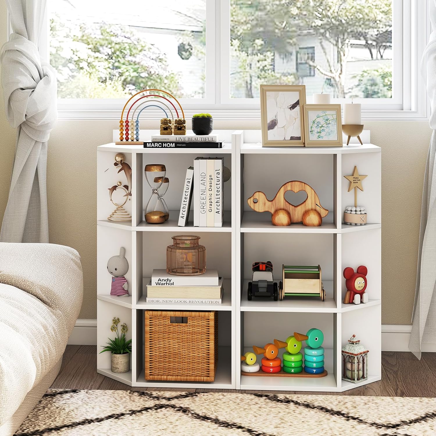 Costzon Kids Corner Cabinet with Charging Station, Wooden Cubby Bookcase with USB Ports and Outlets, 3-Tier Kids Bookshelf, 9-Cube Toy Storage Organizer for Playroom, Bedroom, Living Room (White)