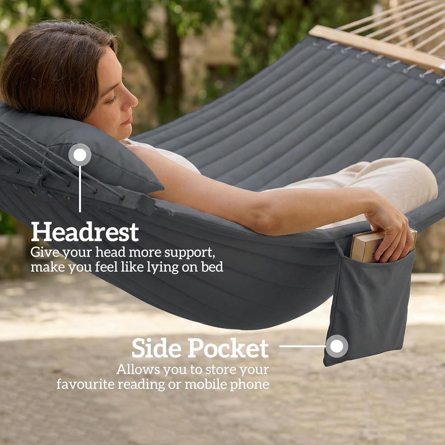 Outsunny Outdoor Hammock, 2-Person Hammock with Head Pillow and Pad, Wood Spreader Bars, 440 lbs Capacity, for Patio Yard Garden, 128" x 55", Gray