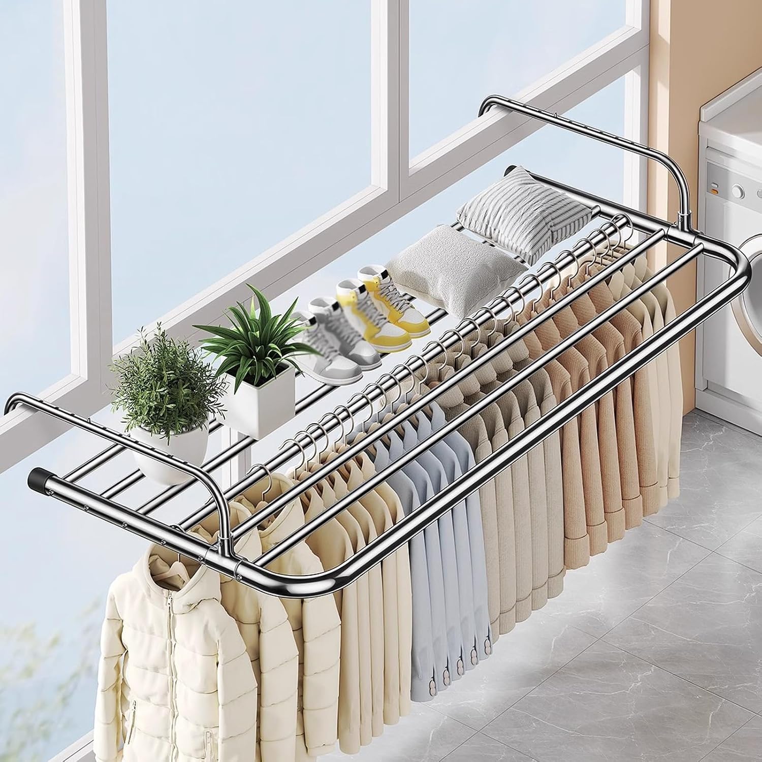 Stainless Steel Folding Radiator Clothes Airer Rack - Adjustable Arms Towel Dryer for Balcony & Wall, Space-Saving Drying Rack for Efficient Laundry Drying