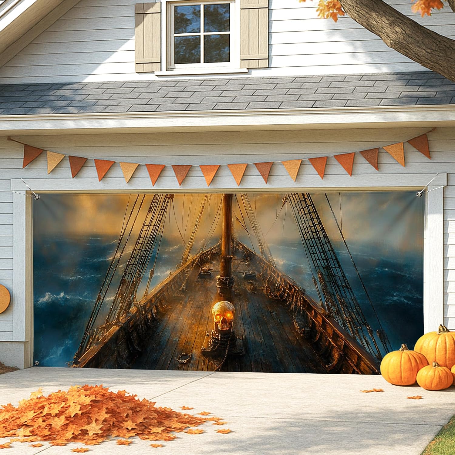 Nautical Ship Garage Door Cover, Vintage Pirate Theme Large Garage Door Decorations, Outdoor Halloween and Fall Home Decor 157x71 Inch