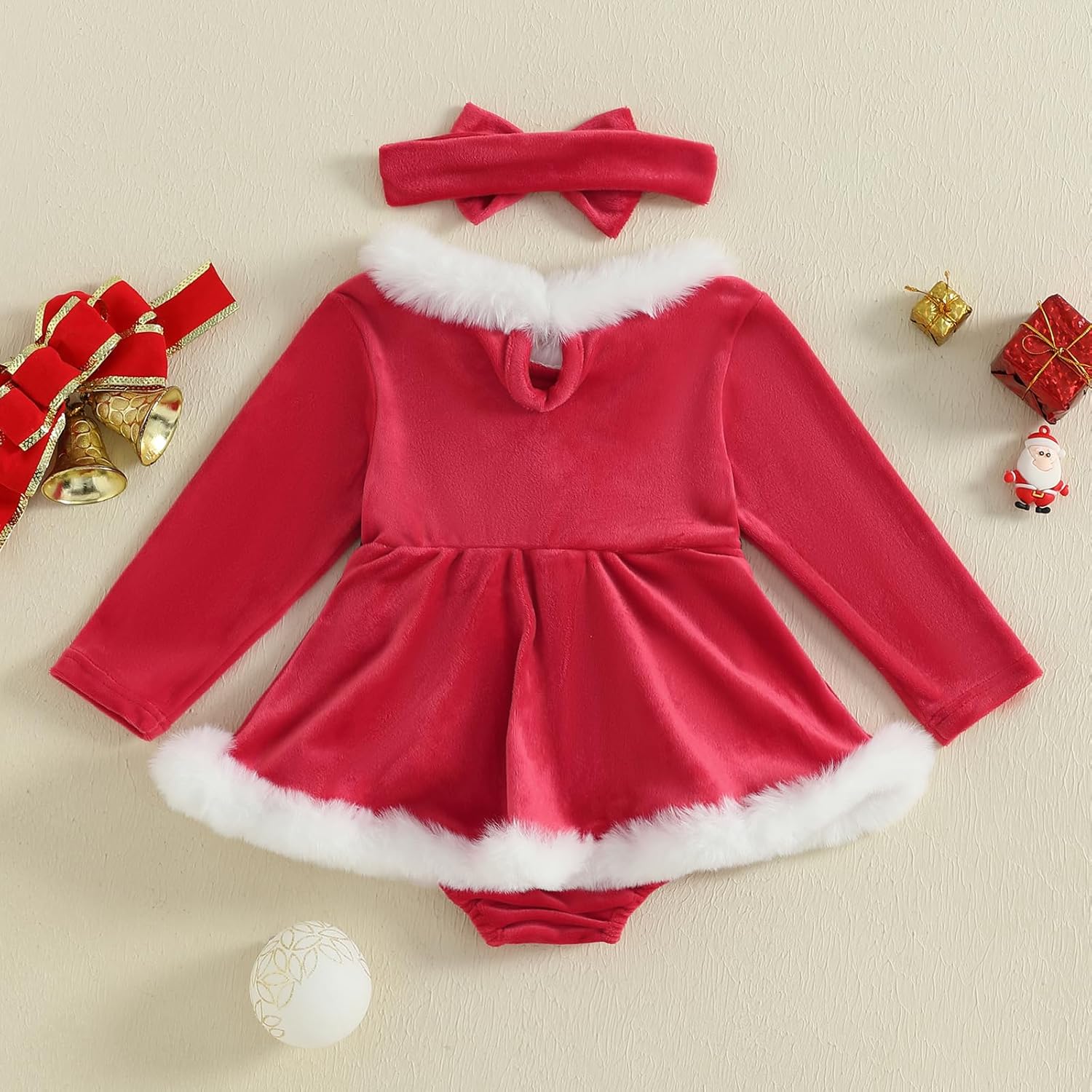 Kuriozud Newborn Baby Girl Christmas Outfit Long Sleeve Ruffle Romper Jumpsuit with Headband Cute Infant Girl Clothes - Image 5