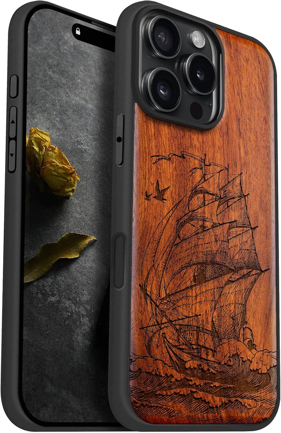 Carveit Magnetic Wooden Case for iPhone 16 Pro Max Case, Wood Artisan Engraved & Black Soft TPU Shockproof Cover, Compatible with MagSafe Wireless Chargers (Sailboats on The Waves) Rosy