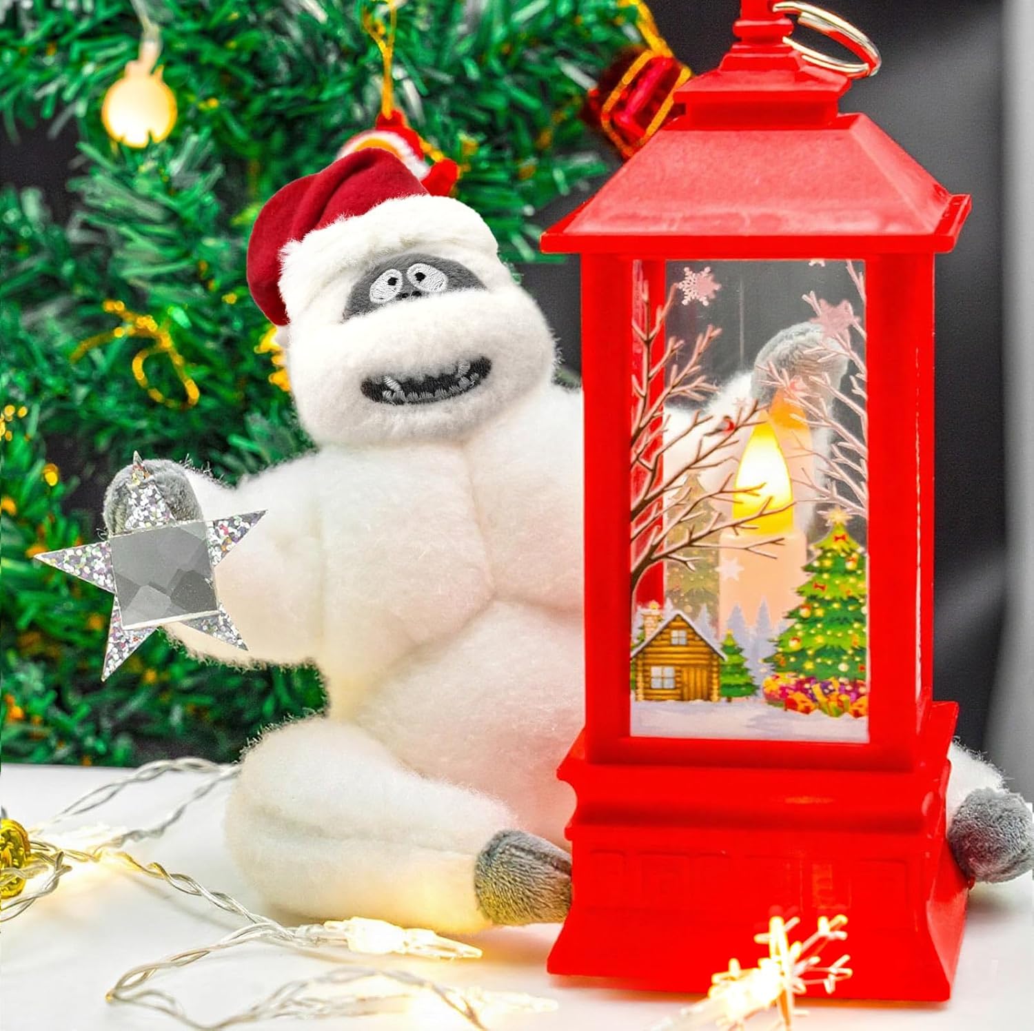 Funny Snowman Christmas Tree Topper, 11 Inch Poseable Handmade Snow Monster Plush Ornament with Hat, Christmas Tree Decoration for Family Indoor (White+Red)