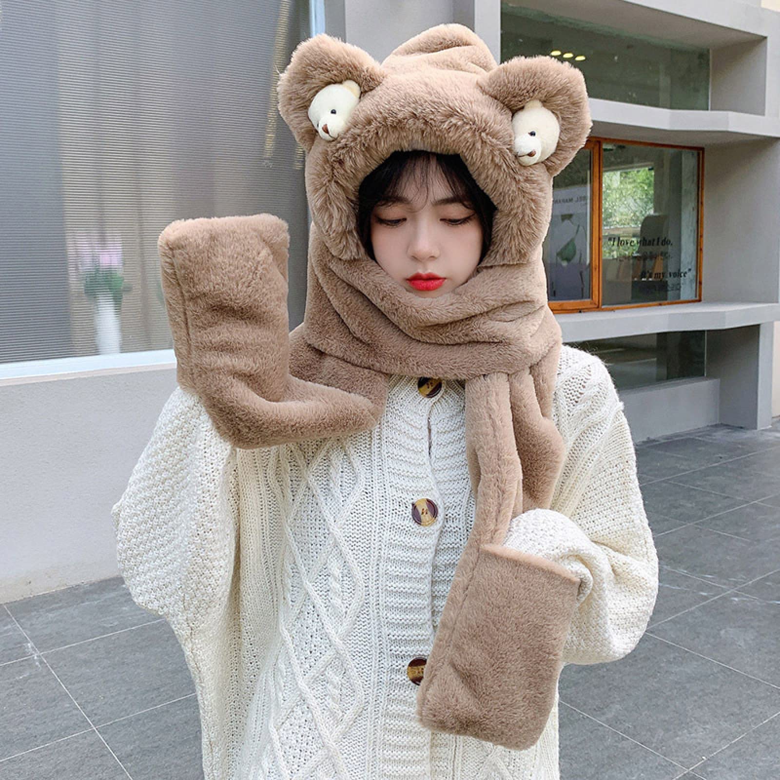 Sombrero de Punto Grueso para Mujer,Gorro de Punto Slouch de Forro Polar,Gorro de bufanda dulce para todos los partidos, gorro de protección para los oídos de felpa gruesa, Caqui, Talla única