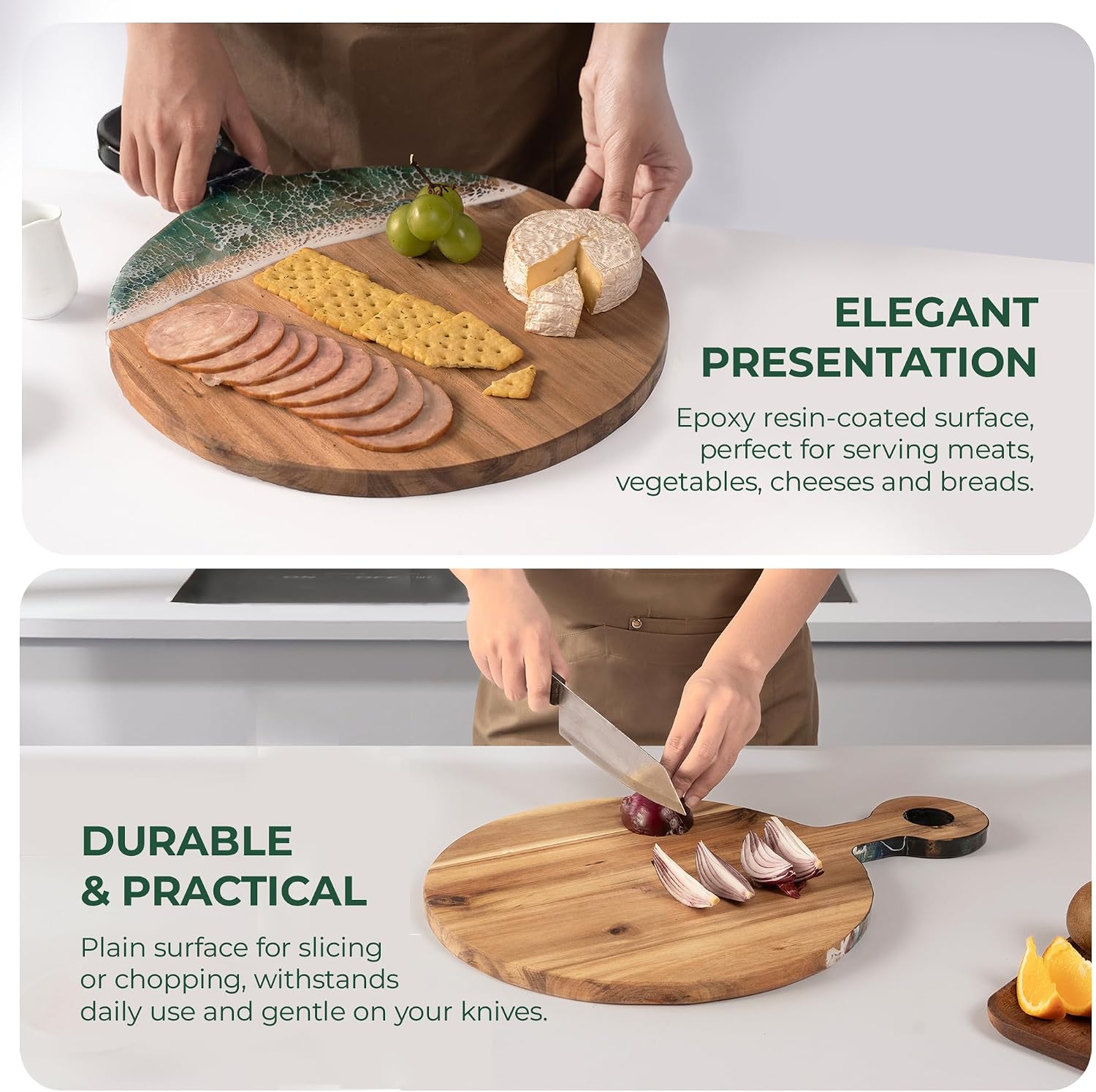 Acacia Wood Serving Board with Ocean Resin Art, 18.1" x 13" Charcuterie Cheese Tray for Display & Prep, Cutting Board on Back, Includes Stand & Loofah, Christmas Housewarming Gift (Round) image 4