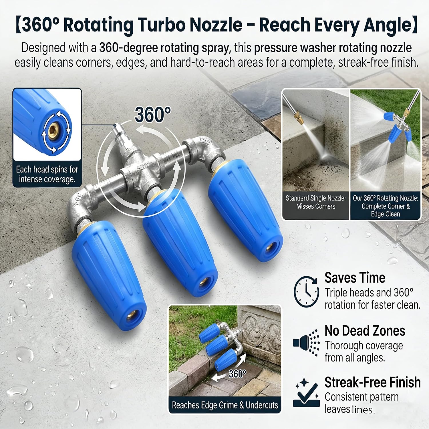 Triple and Quadruple turbo nozzles for powerful, Rotating Turbo Pressure Washer, with 1/4" Quick Connector, 4-6 GPM, 4000 PSI Max (Triple)