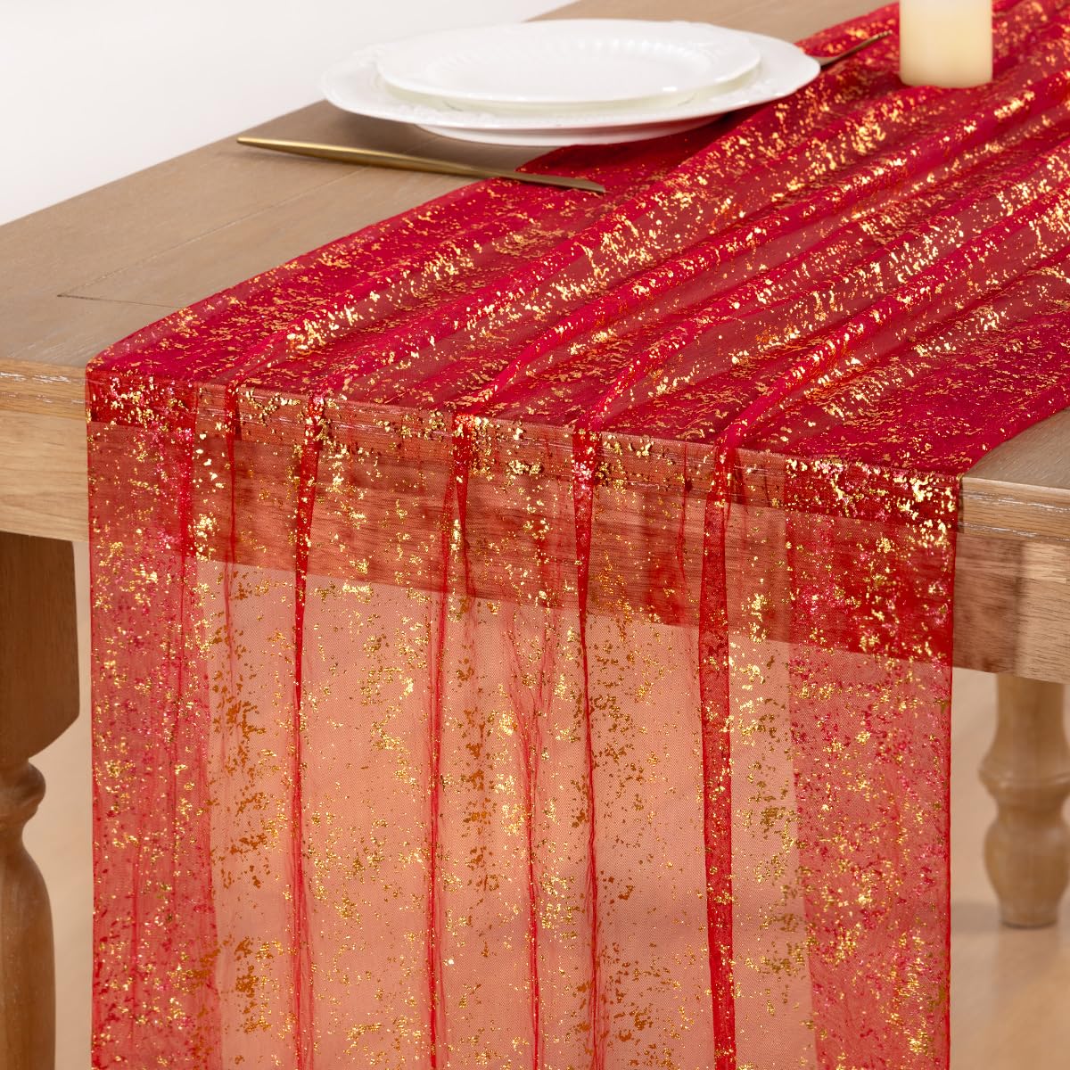 Gold Glitter Table Runner Red Sheer Gauze Foil Table Runner, 3PC