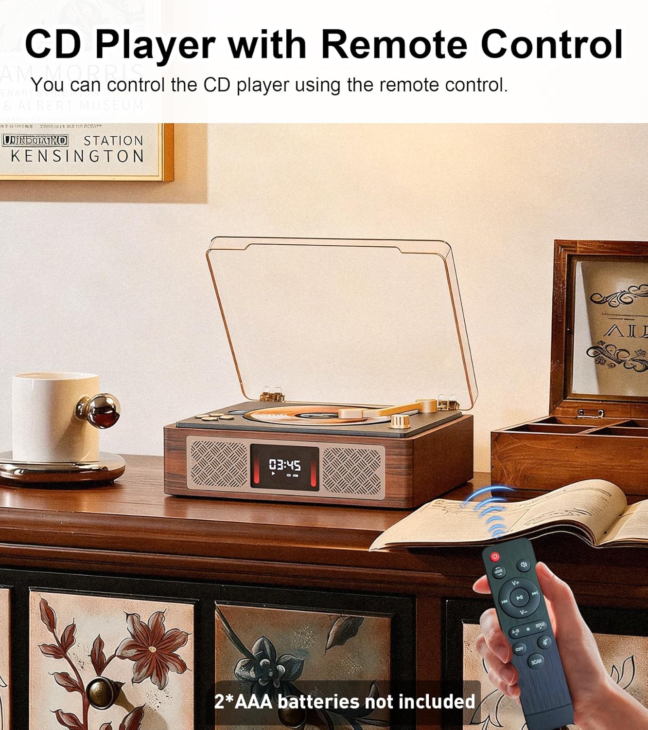 Retro CD Player with 3.5 mm Stereo Amplifier, Desktop CD Player Bluetooth for Home, Built-in Speakers/Headphone Jack/AUX/USB/LCD Screen Display with Remote Controls-Brown