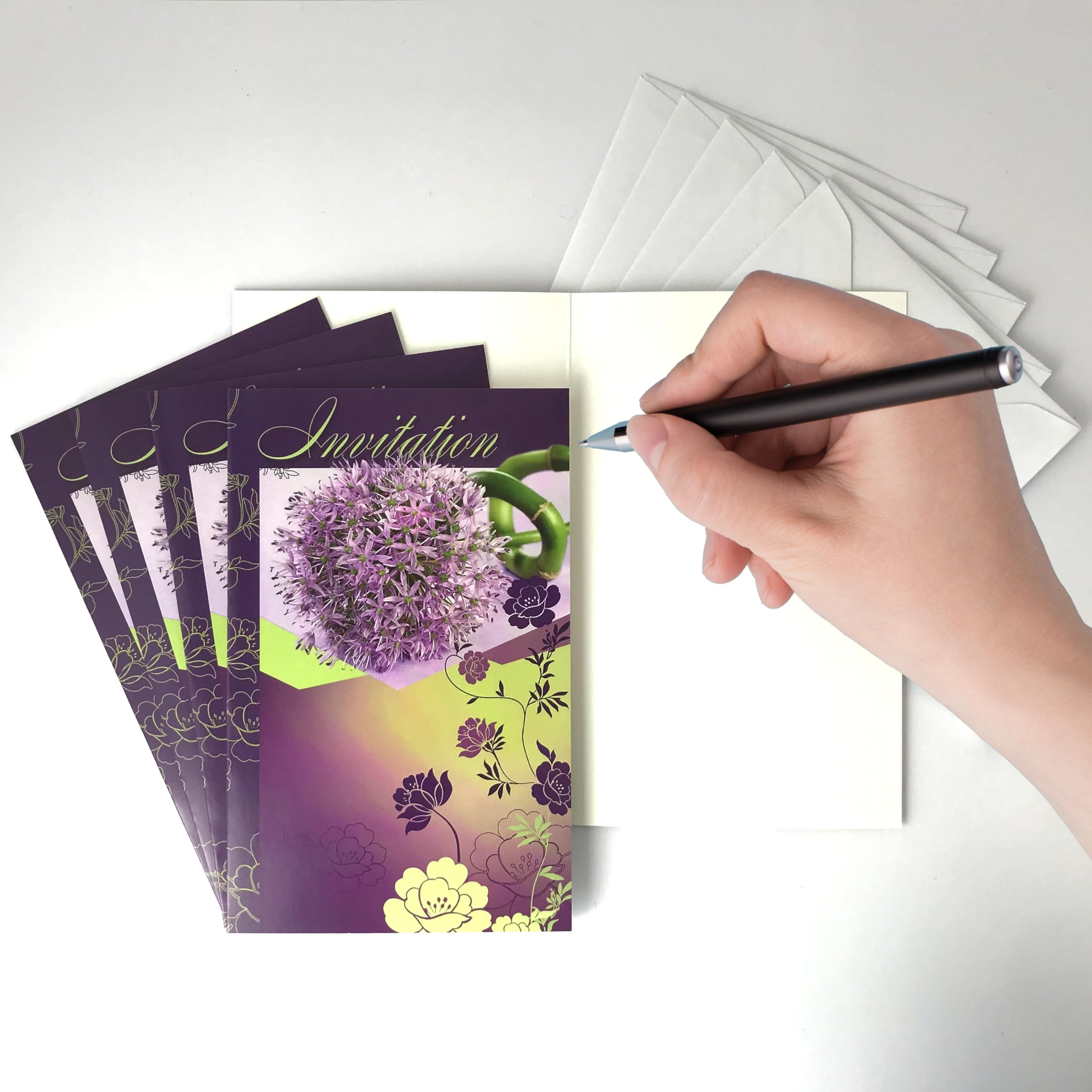IV5029 P5 Set of 5 Invitation Cards with 5 White Envelopes 9 x 14 cm Purple Flowers, Multicolored - Image 2