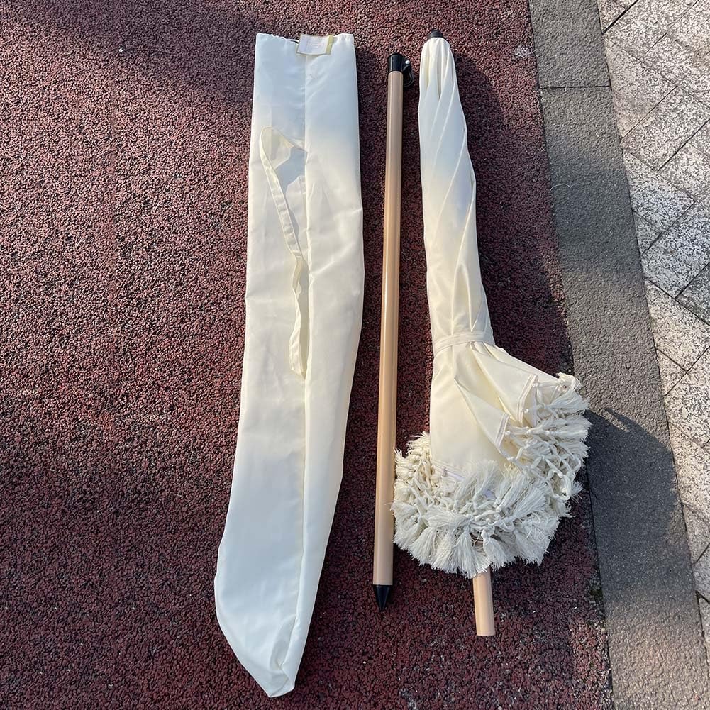 Ombrellone Boho con Frange per Patio Esterno, ombrellone da Spiaggia da 200 cm con inclinazione a Pulsante e palo in Acciaio Resistente, UPF50+, Bianco Antico