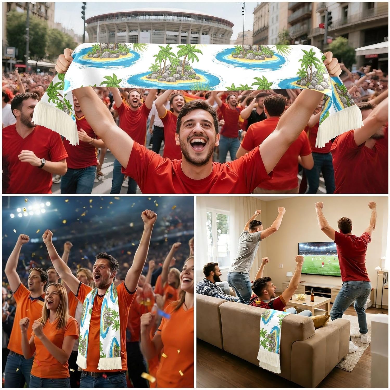 CHIFIGNO Tropical Islands White Sports Fan Scarf Polyester, Soft Soccer Scarf with Tassel, Quick Dry, Supporter Cheers Towel, Custom Print