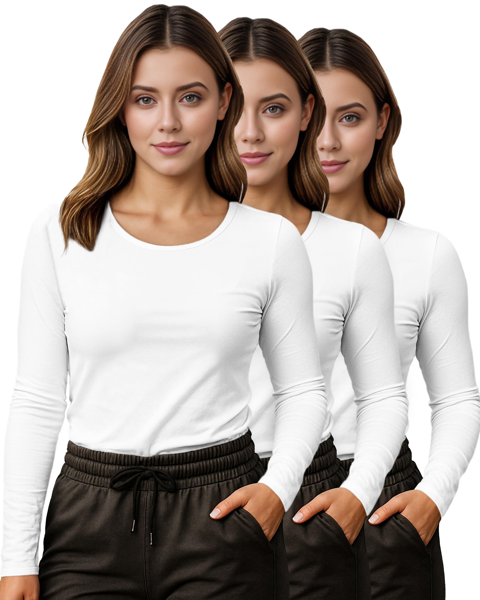 NY Threads Women's Under Scrub 3 Pack Slim Fit Long Sleeve T-Shirt Underscrub Comfort Tee, Medium, White/White/White