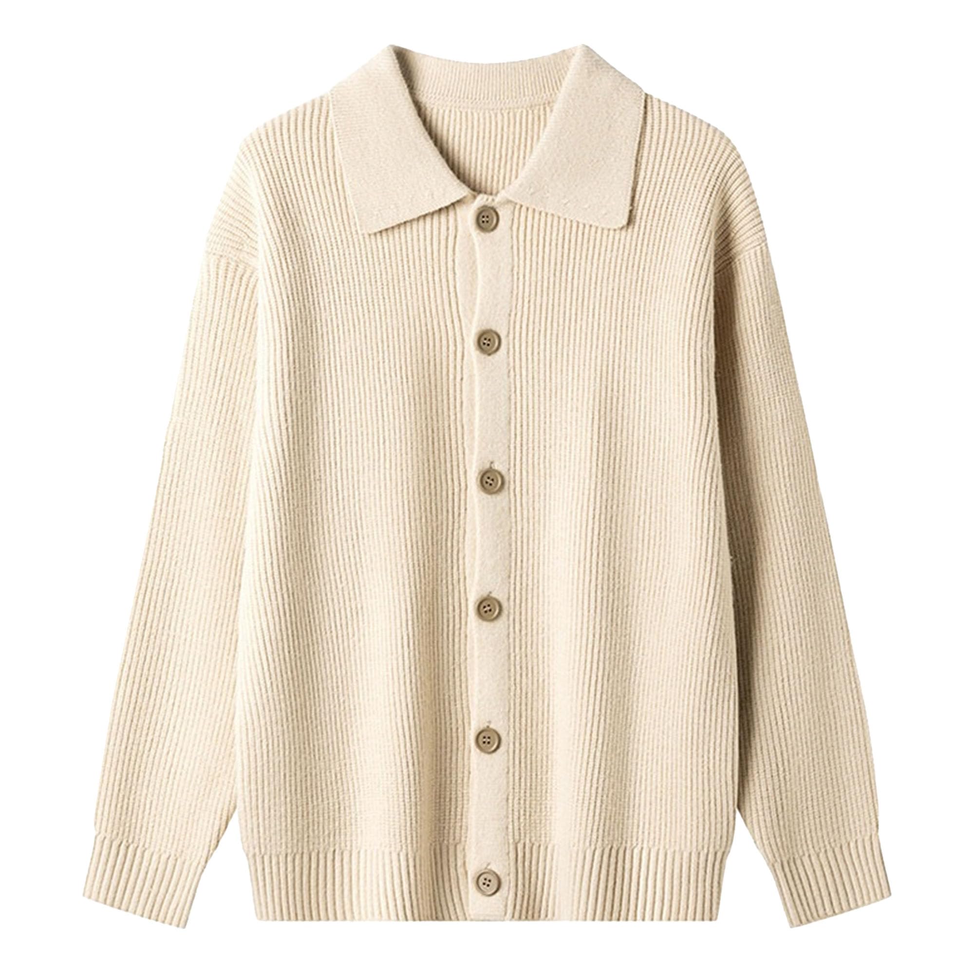 Męski sweter z dzianiny z kołnierzykiem polo z długim rękawem | Klapa, luźny krój, jednolity kolor, jednorzędowy, elastyczny, ciepły, prążkowany spód, strój do biura biznesowego