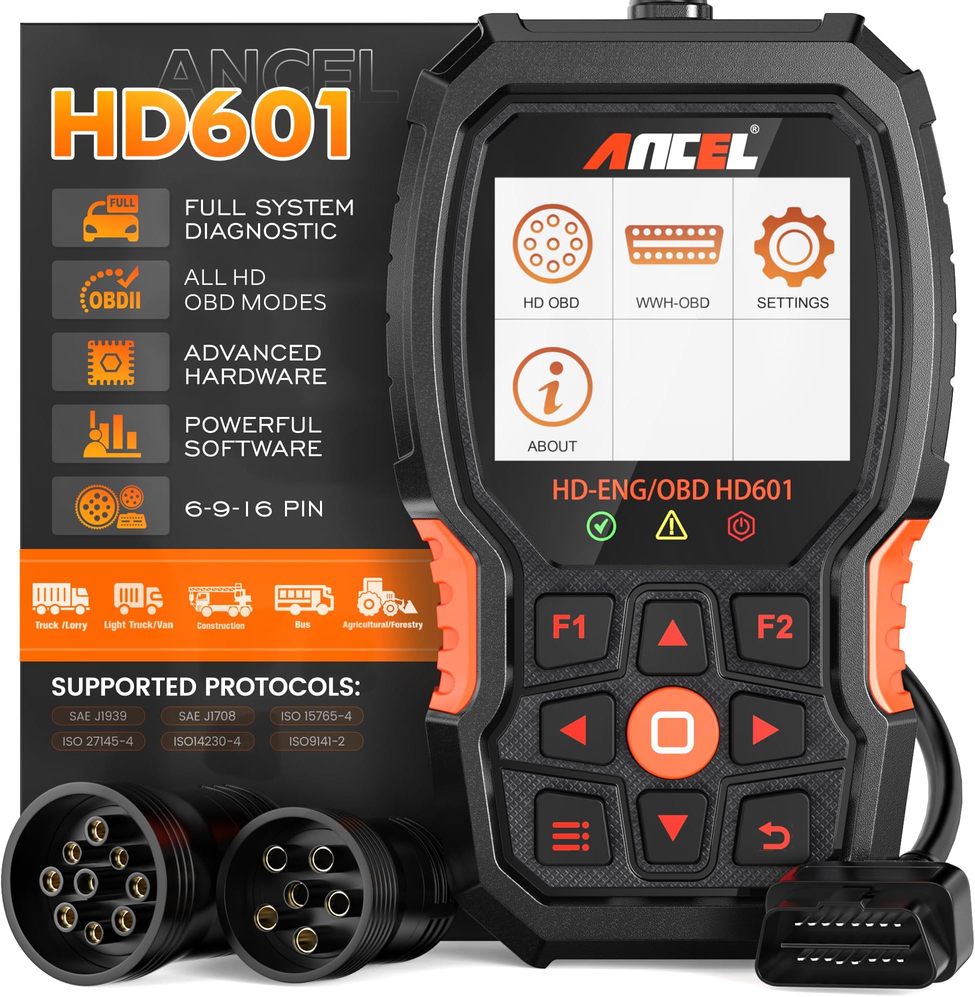 ANCEL Heavy Duty Truck Scanner HD601 All System Diesel Diagnostic Scan Tool fits for Cummins, Detroit, Freightliner, International, Paccar, Check Engine for Truck & Car 2 in 1 Code Reader