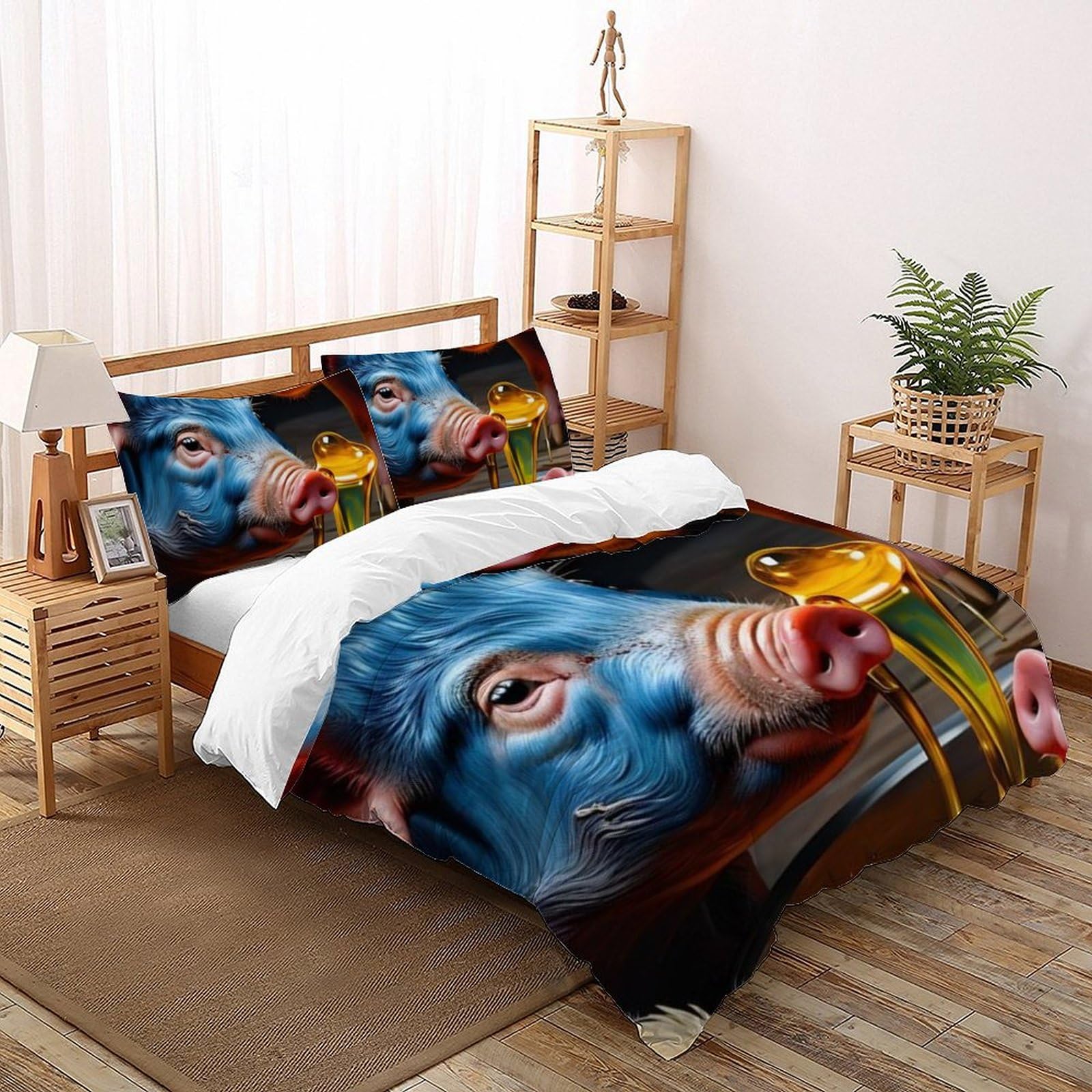 Housse de couette Cochon Miel microfibre 2 taies d'oreiller animaux grand lit