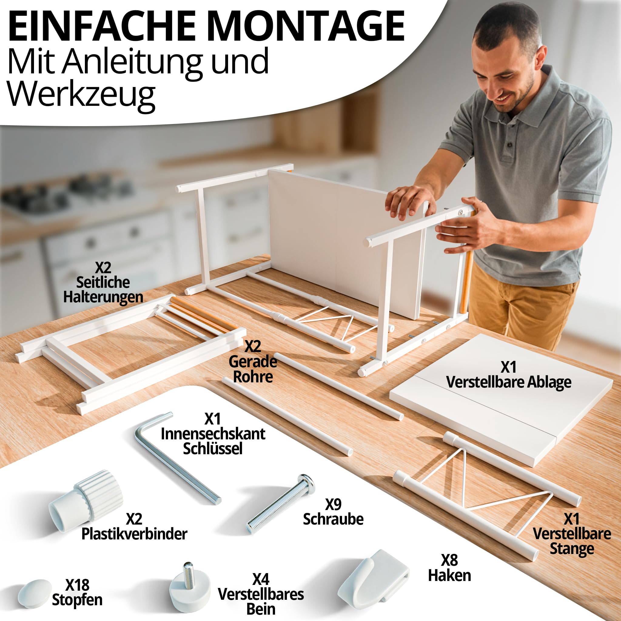 Mikrowellenregal Erweiterbar 40–60 cm – Weißes Küchenregal mit Holzgriffen für Arbeitsplatte, Höhenverstellbarer Mikrowellenständer aus Stahl, Regal für Mikrowelle, Kaffeemaschine & Airfryer