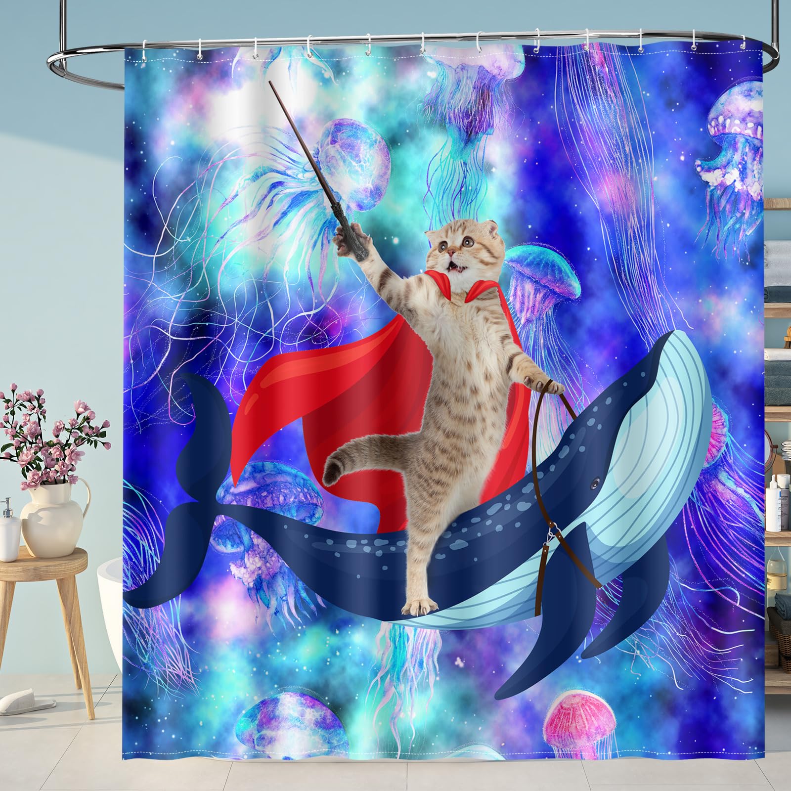 Aimego Divertidas cortinas de ducha de gato, lindo gato montando ballena tiburón en el espacio, galaxia, fantasía, medusas, juego de cortina de ducha con 12 ganchos para adultos y niños, accesorios de