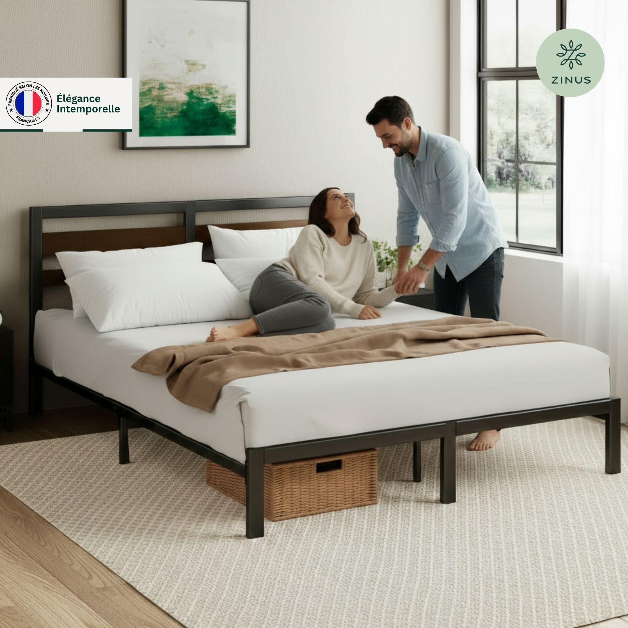 Zinus Nicholas Bed 140 x 190 cm - 31 cm hoog - tweepersoonsbed - metalen bedframe met hoofdeinde en voeteneinde - zwart