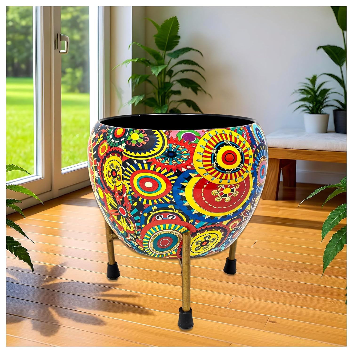 Eightiz 6×6 Inch Metal Flower Vase Planter Pot with Iron Stand | Indoor Plant Pot for Home Decor | Mandala Fusion Spectrum Style Succulent Planter | Garden & Living Room Decoration.