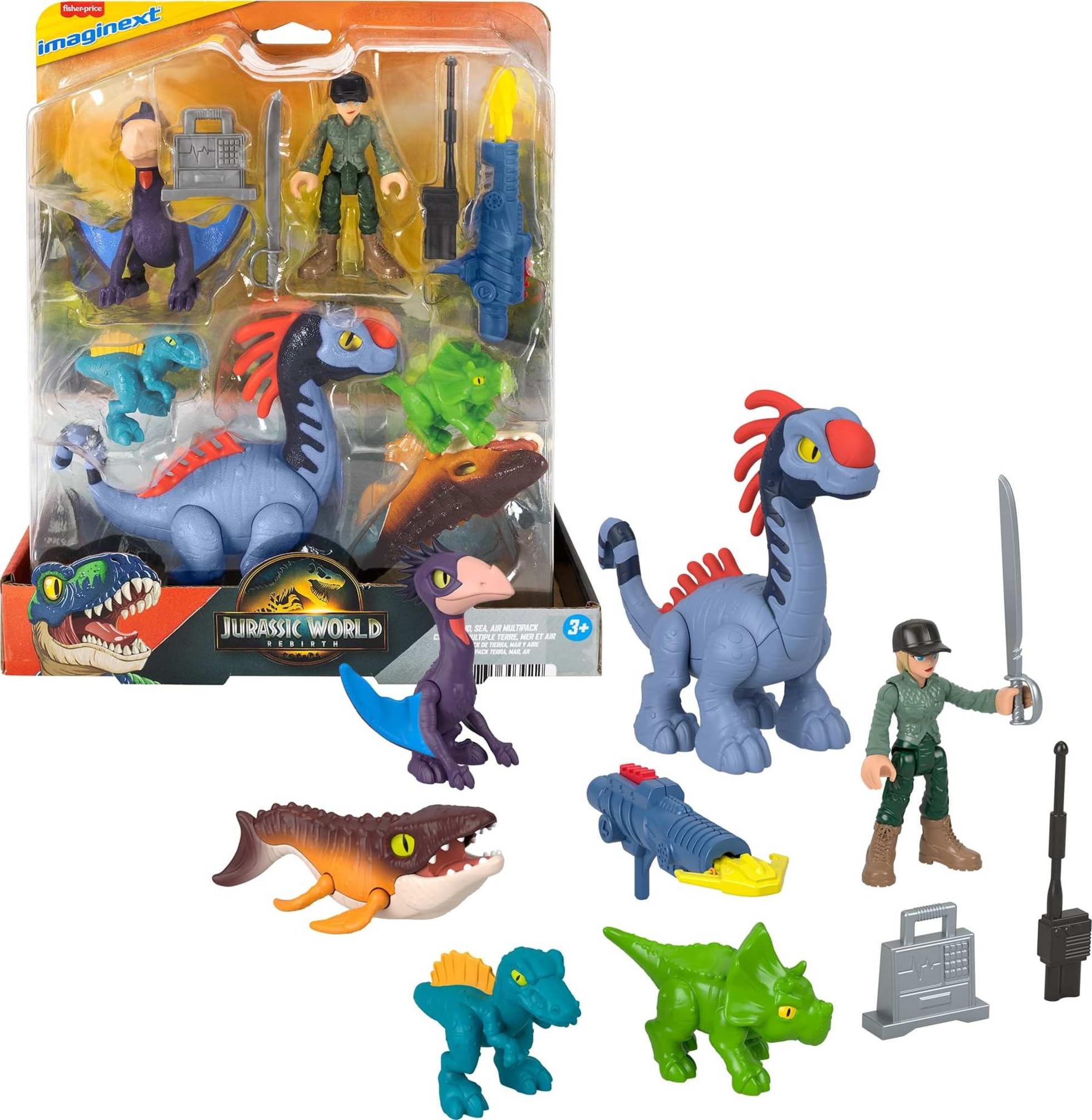 Fisher-Price Imaginext Jurassic World Rebirth Action Figure Set with 1 3-inch Human, 5 Dinosaurs, Toy Launcher & Accessories, JFR25
