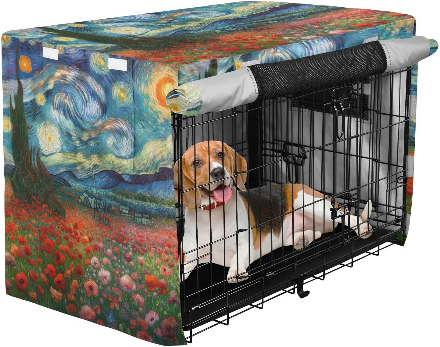 Poppies Blossoms Starry Night Dog Crate Covers Fixed Buckle at Bottom, Pet Kennel Cover with Mesh Windows, Large