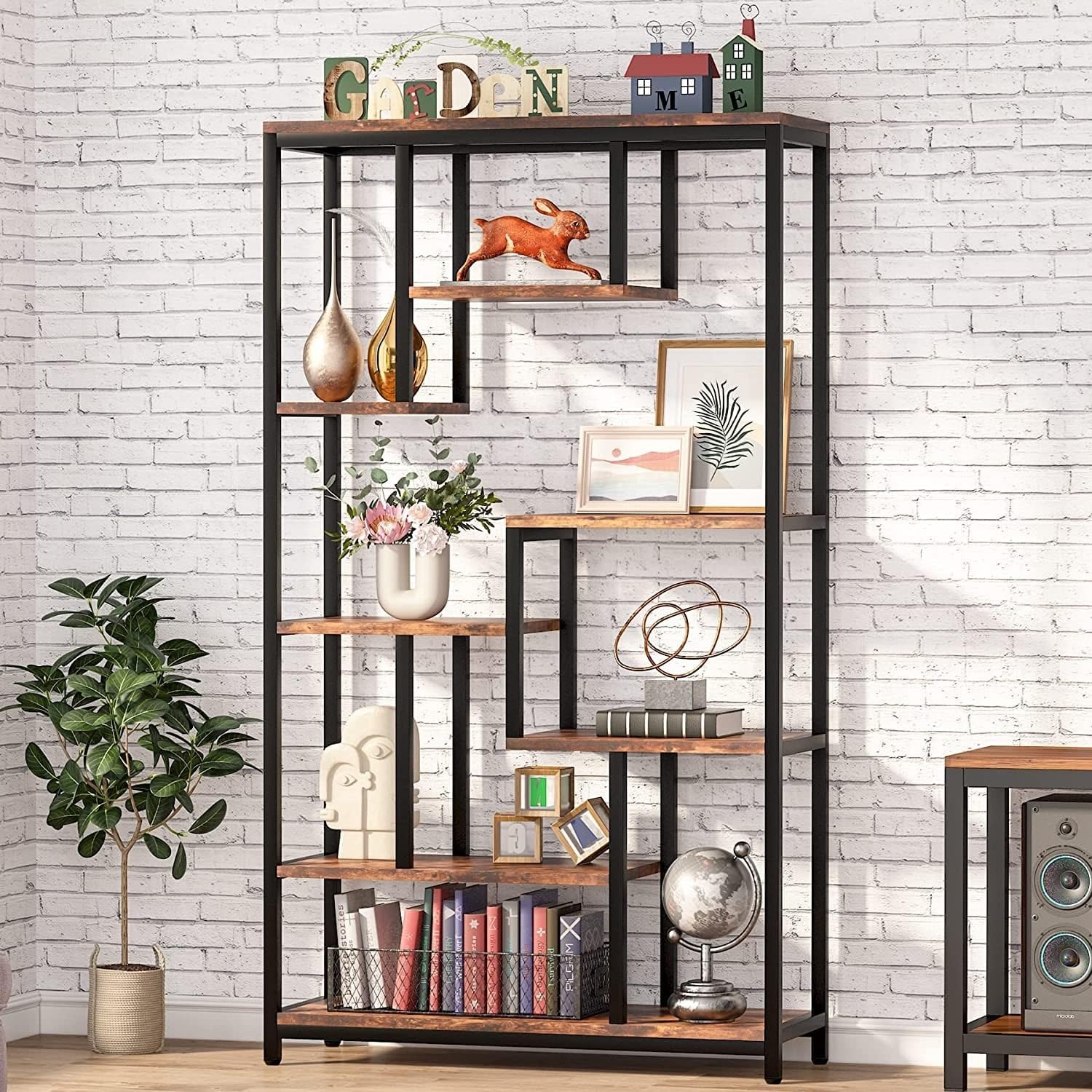 Amazon.com: 8-Shelves Staggered Bookshelf Industrial 70.8-inch Tall ...