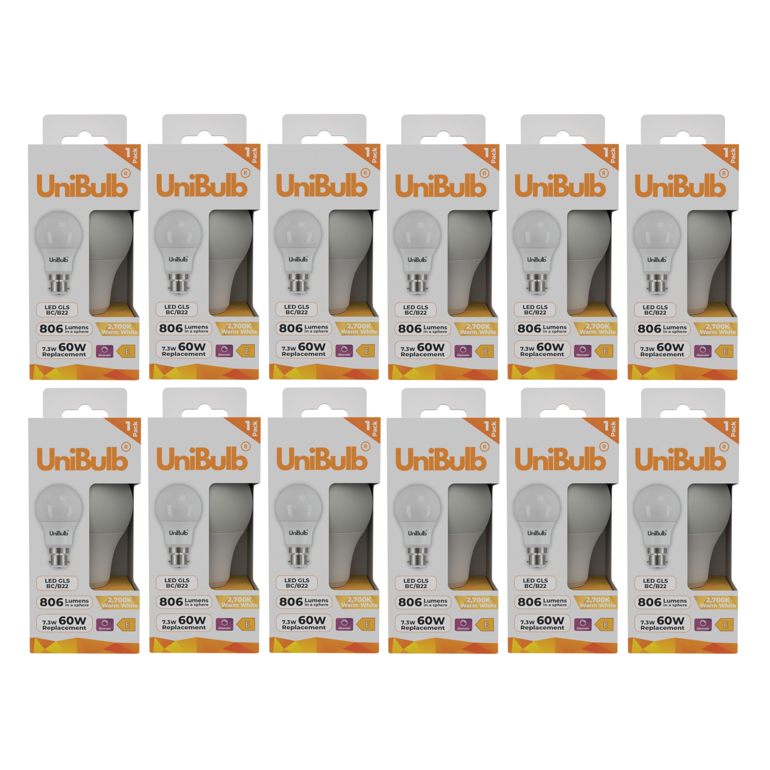 Unibulb BC / B22 / Bayonet LED Light Bulb, GLS, 7.3W, 806 Lumens, 2700K Warm White, Replaces 60W, 25yr Lifespan, Dimmable (12)