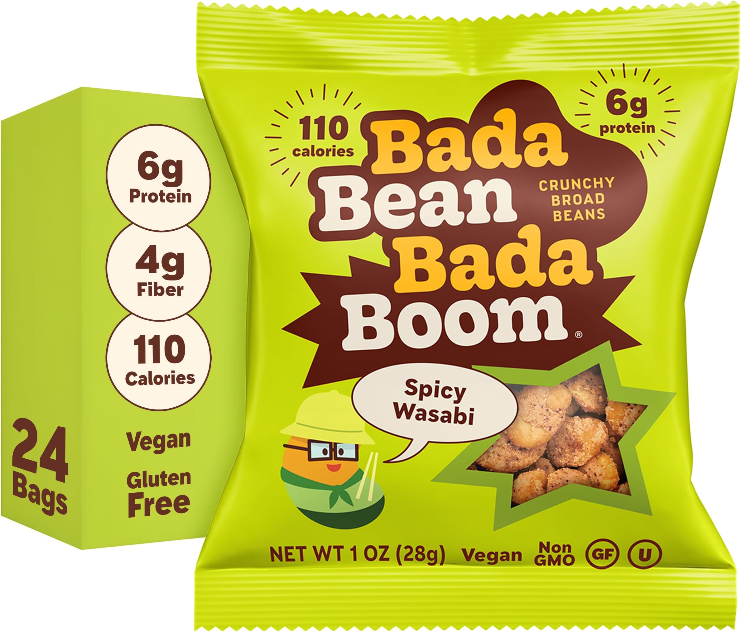 Bada Bean Bada Boom, Crunchy Roasted Broad Bean Snacks (Fava), High Protein, Vegan, Gluten-free - 110 Calorie Packs, Spicy Wasabi, 1 Ounce (Pack of 24)