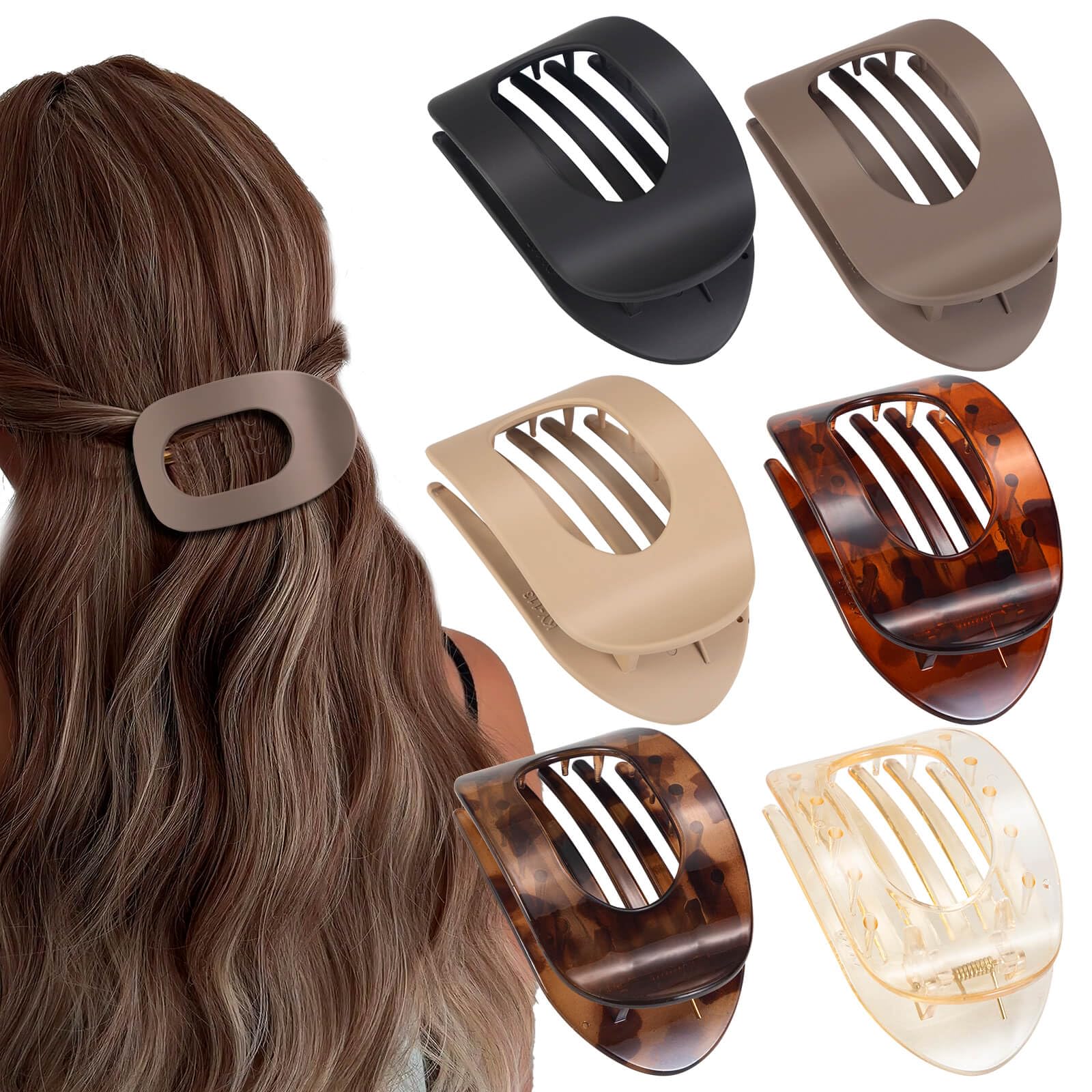 Flat Hair Claw Clips for Women and Girls Thick Thin Hair Large Non Slip Jaw Clips Strong Hold Lay Flat Claw Grips Hair Styling Accessories 6 Pieces