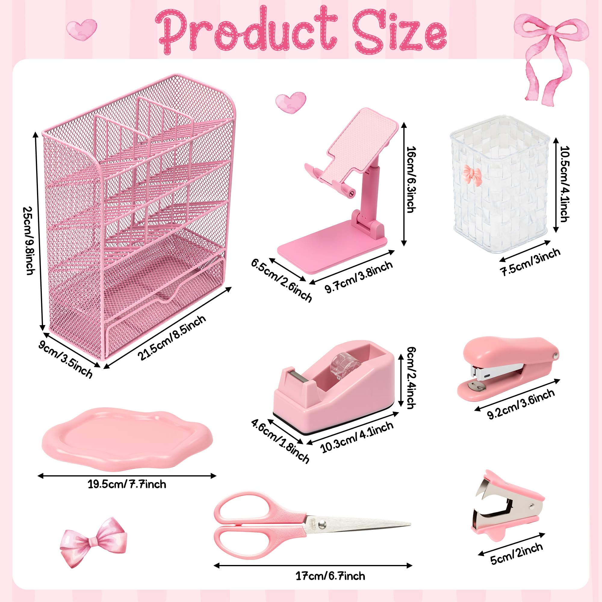 WATINC Accessori per organizer da scrivania rosa, 21 pezzi, per ufficio e scuola, con organizer da scrivania in rete, portapenne, dispenser per nastro, righello, clip, supporto per telefono, kit di