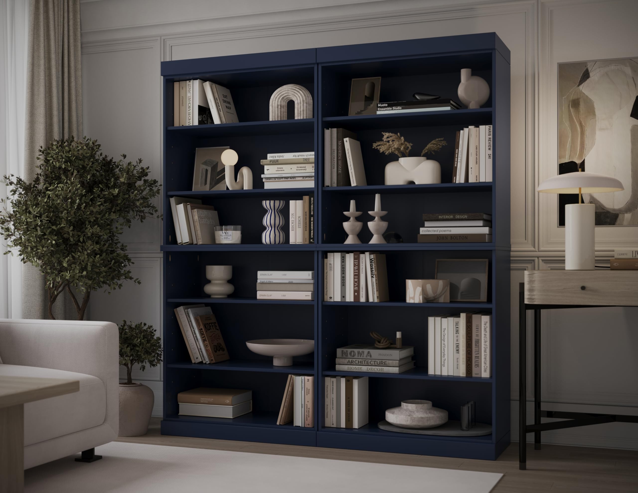 Palace Imports 12-Shelf Bookcase, 100% Solid Brazilian Pine Wood, 64" Wide, 71.5" Tall, Navy Blue, Modern Style, Modular Stackable, Adjustable Shelves