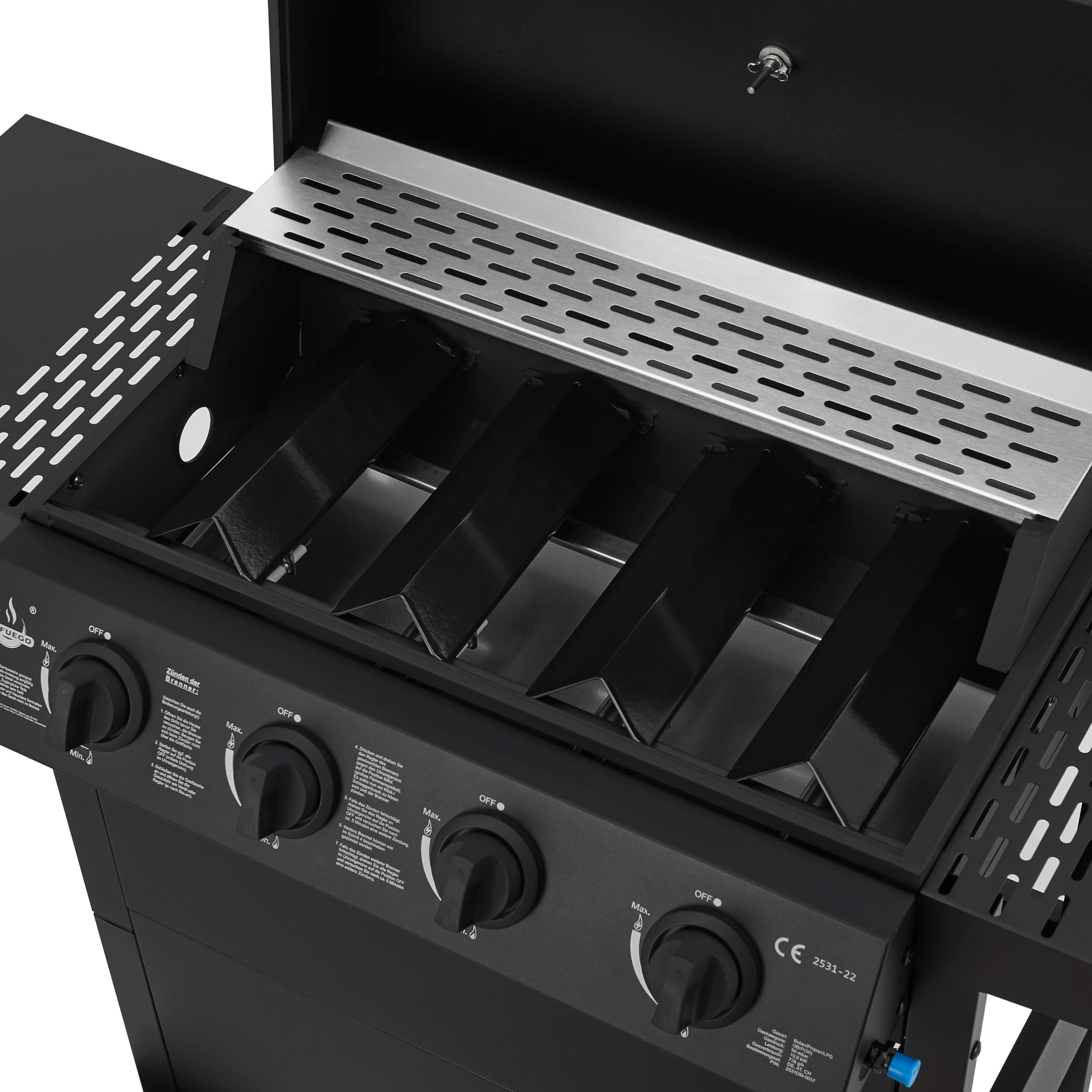 Gasgrill "San Jose 4 Brenner" von El Fuego® | inkl. Gasschlauch und Druckminderer | Grillrost aus Gusseisen | mit Thermometer und großen Seitenablagen | Grill BBQ | AY0206