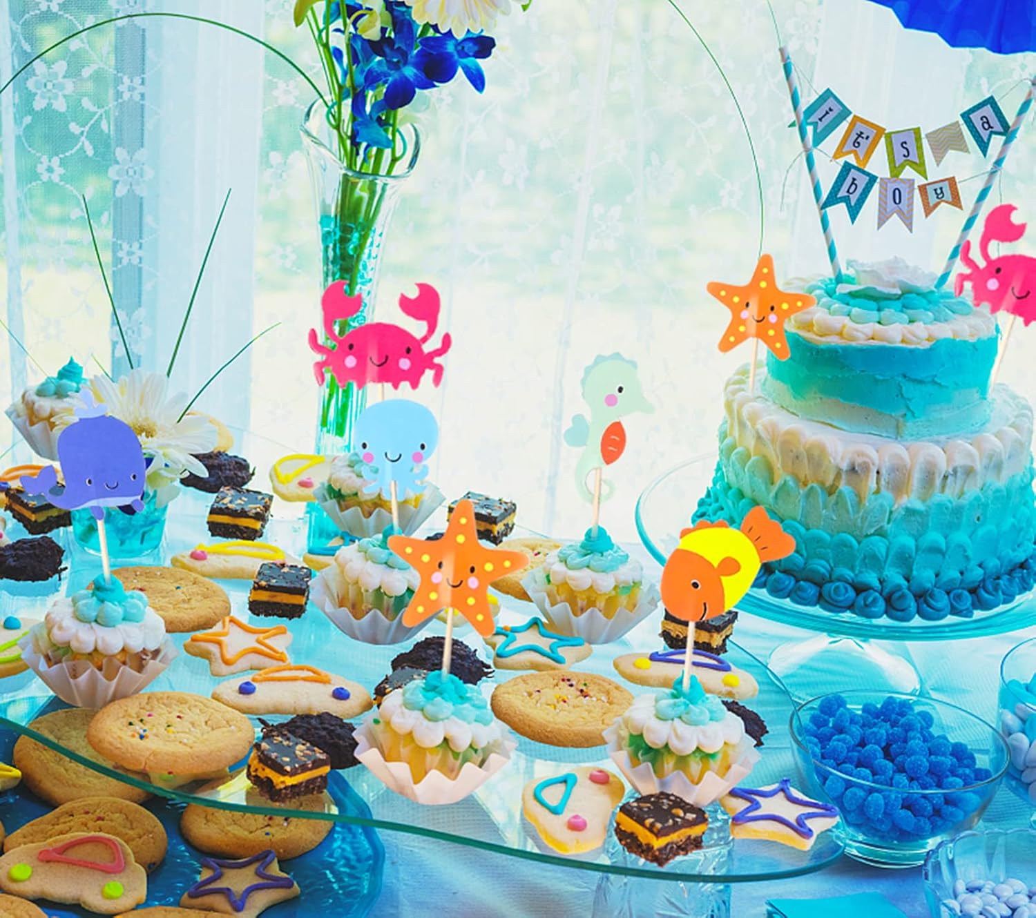 MEMOVAN Ocean Animal Cupcake Toppers 48pcs Sea Birthday Cake Cupcake Picks with Starfish Octopus Seahorse Coral Cake Decorations for Kids Under the Sea World Theme Birthday Party - Image 4