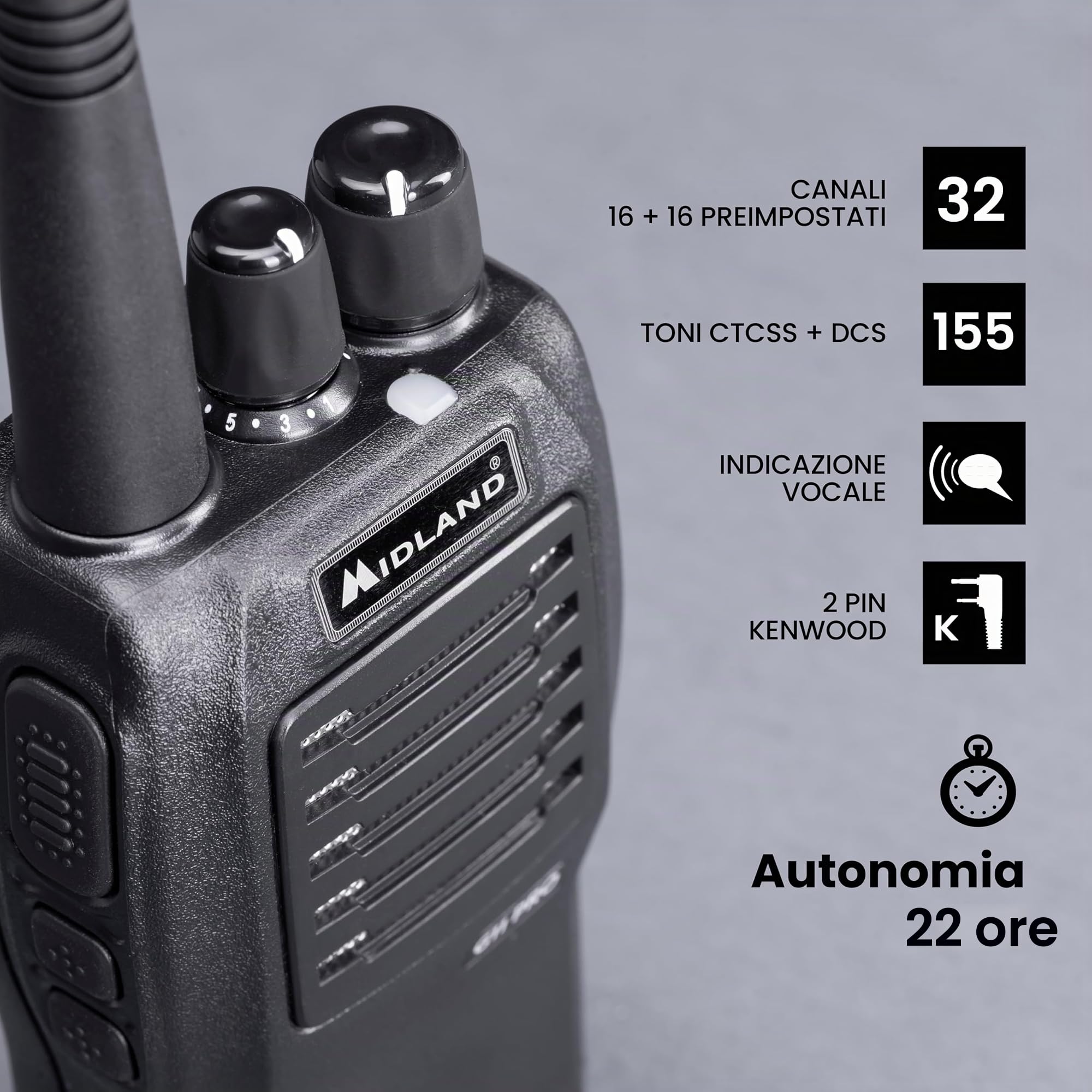 Midland - Walkie Talkie G11 Pro, Radio Ricetrasmittenti Professionali con 32 Canali PMR446, Batteria Li-Ion 1600mAh Ricaricabile e Accessori - Autonomia 22H, Copertura 12Km, VOX, 2 Pin Kenwood
