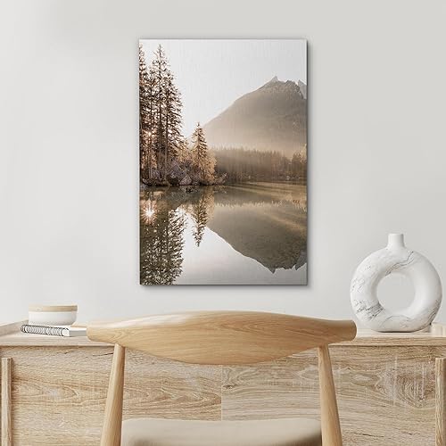 Miniatura 4 de SIGNFORD Lienzo impreso para pared, reflexiones de otoño en la montaña, lago, follaje dorado y sereno naturaleza fotografia, realismo, paisaje