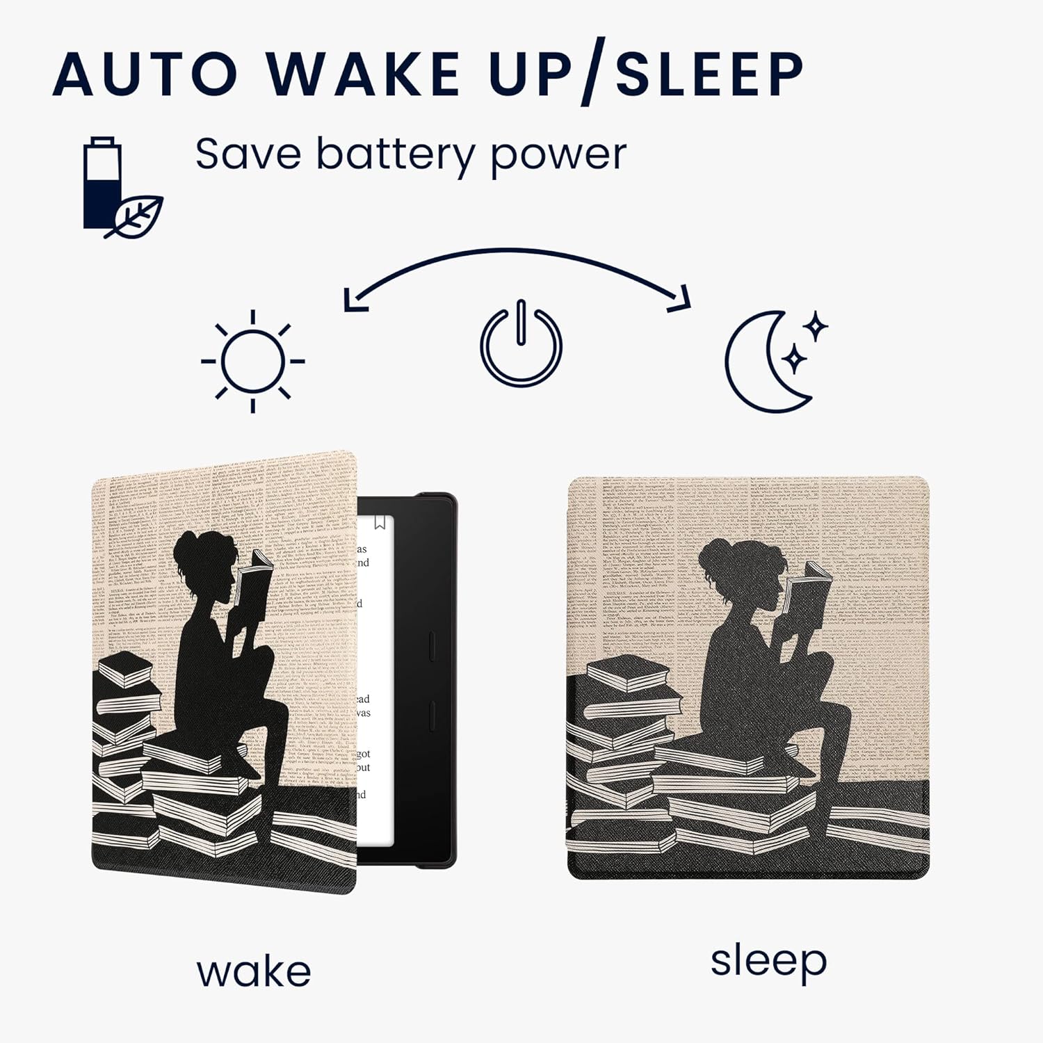kwmobile Case Compatible with Amazon Kindle Oasis 10. Generation Case - eReader Cover - Girl and Books Black/Beige