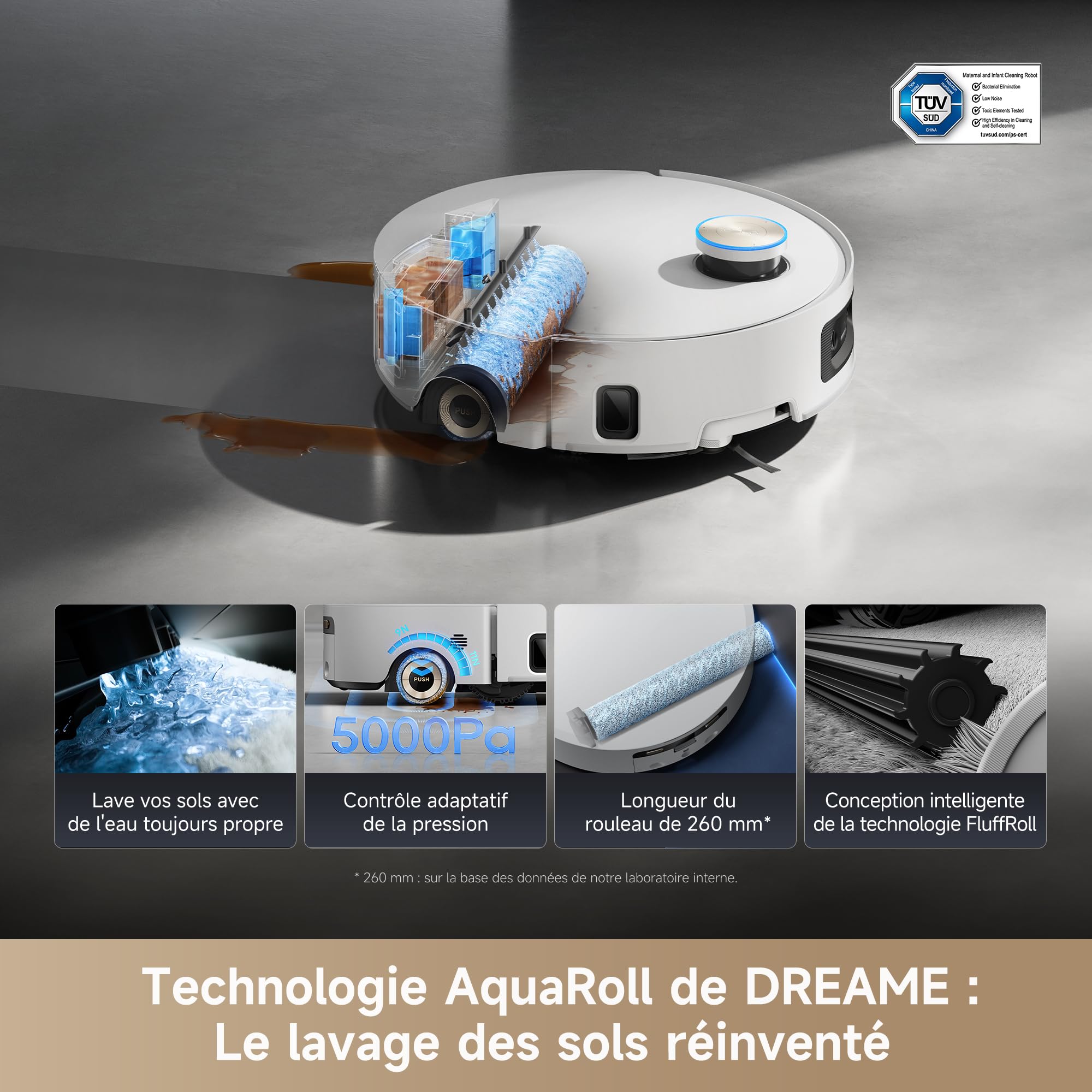 dreame Aqua10 Ultra Roller Complete Robot Aspirateur, Nettoyage Automatique du Rouleau, Aspiration de 30 000 Pa, Évitement d'obstacles de 8 cm, Vidage Automatique, Commande Vocale Intelligente, Blanc