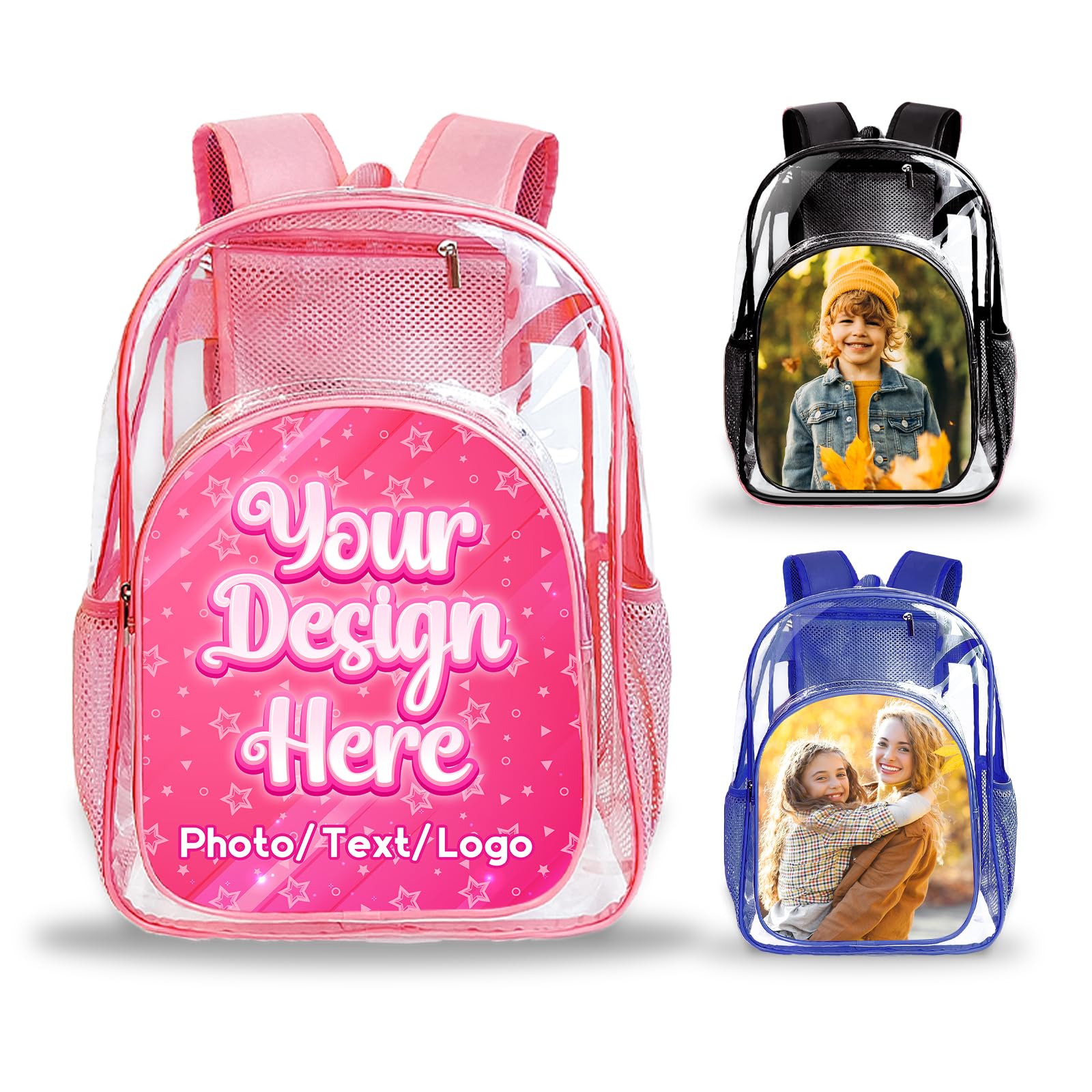 Personalized Backpack with Photo/Text, Custom Clear Backpack for School, Transparent Bookbag for Kids Girls Boys, Customized See Through Clear Bag for