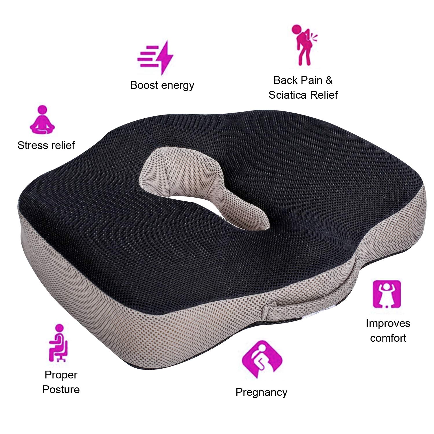 METRON Memory Foam Soft Donut Seat Cushion for Lower Back Tailbone Sciatica Coccyx Hemorrhoid Piles Pain Pressure Relief for Office Desk Chair Car Plane Wheelchair Color-Black &Grey, pack of 1 - Image 2 thumbnail