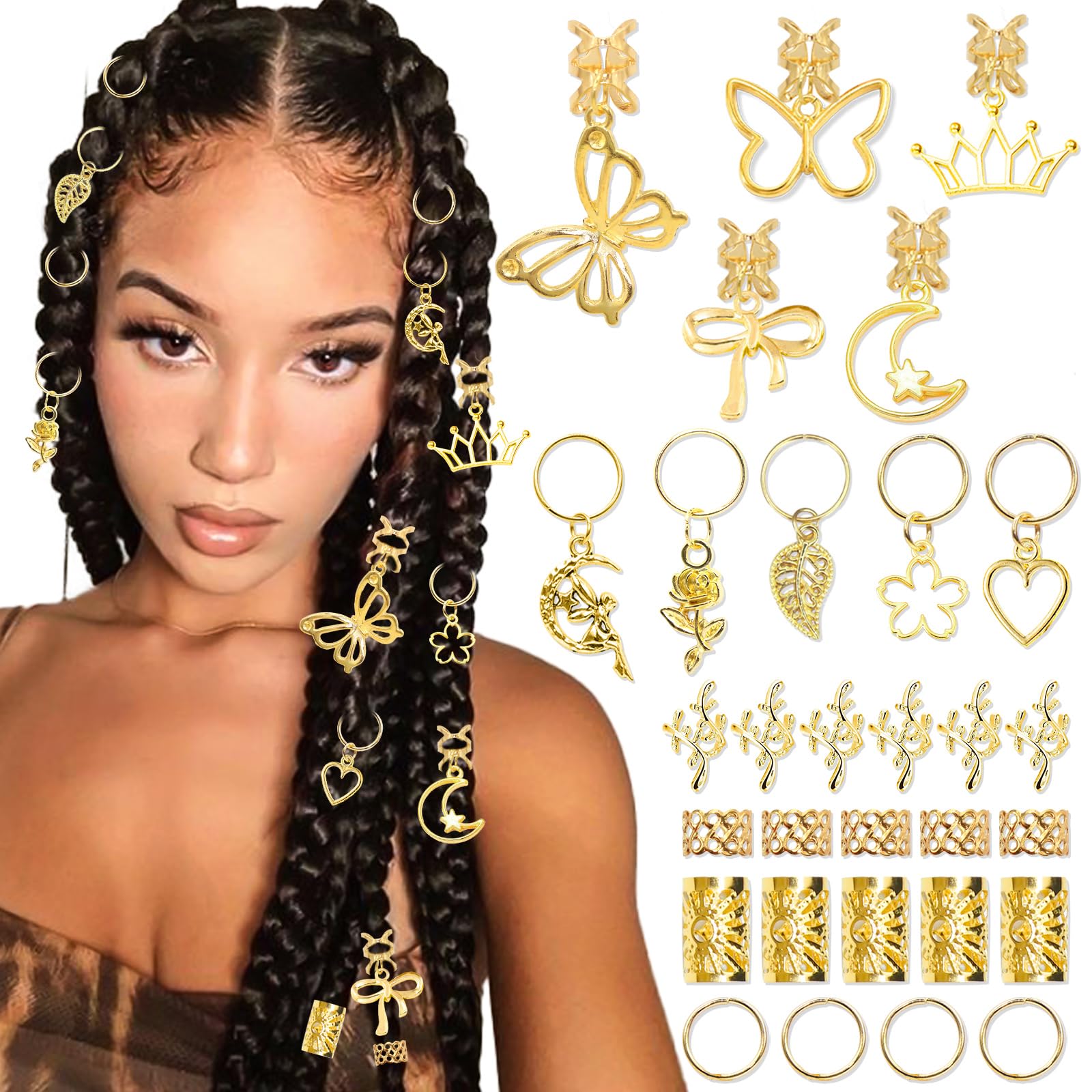 VENOFEN 40PCS Gold Hair Jewelry Butterfly Braids Clips Dreadlock Charms Cuffs Bowknot Flower Loc Charms Rings Multi Style Braids Accessories for Women