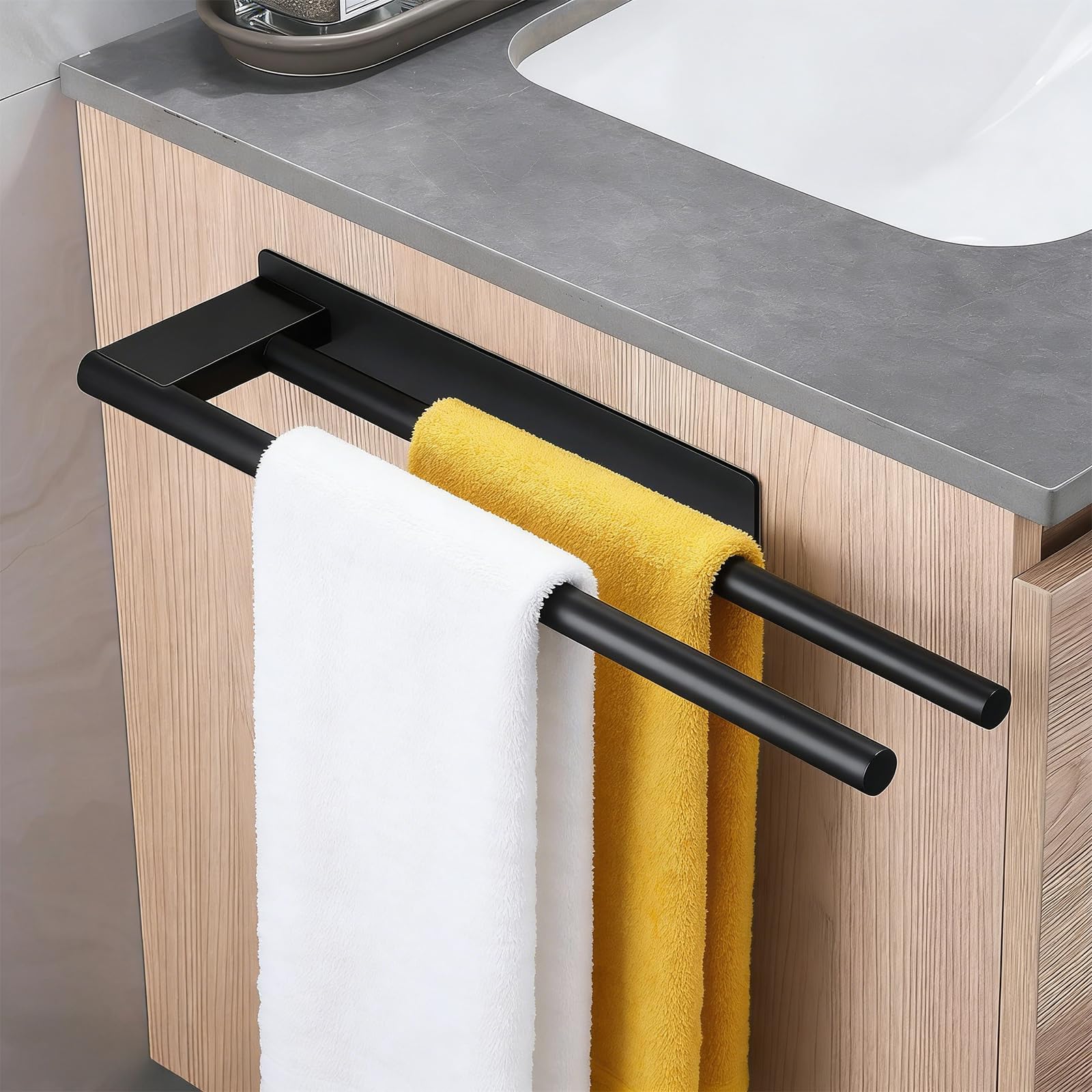 Black Drill-Free Bathroom Towel Racks Adhesive Double Bar Stainless Steel 39cm Towel Hanger Bathroom Wall with 2PCS Adhesive for Bathroom and Kitchen
